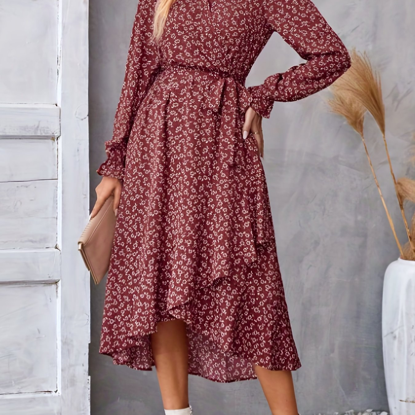 vlovelaw Floral Print Tie Waist V-neck Dress, Elegant Long Sleeve Asymmetrical Hem Dress, Women's Clothing