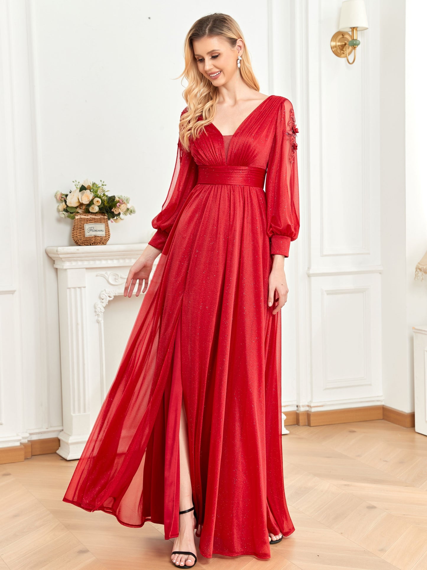 Split Hem Applique Bridesmaid Dress, Elegant Long Sleeve V-neck Dress For Wedding Party, Women's Clothing