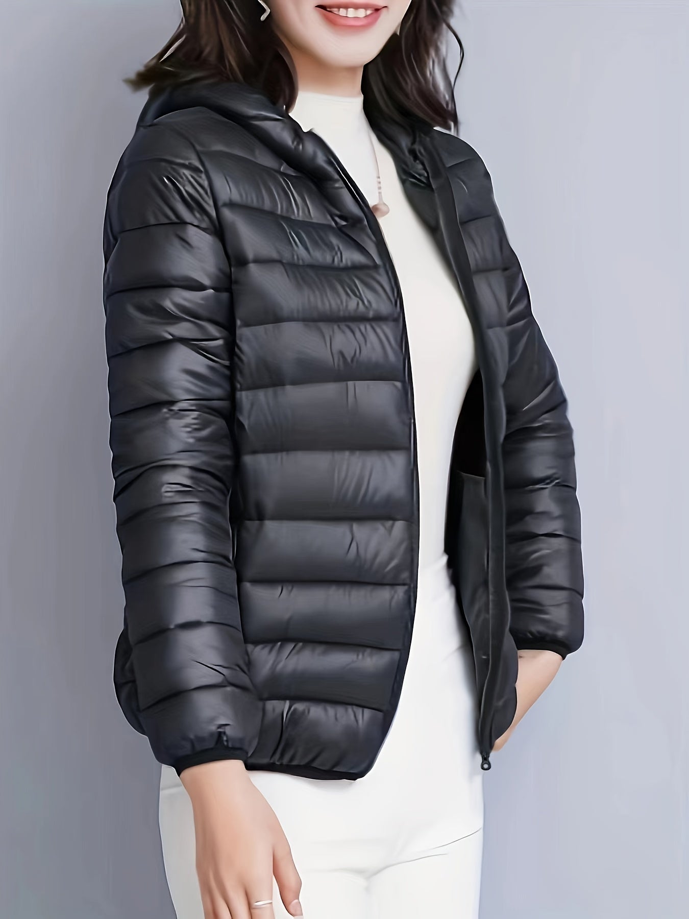 vlovelaw Zip Up Warm Hooded Coat, Casual Solid Long Sleeve Winter Outerwear, Women's Clothing