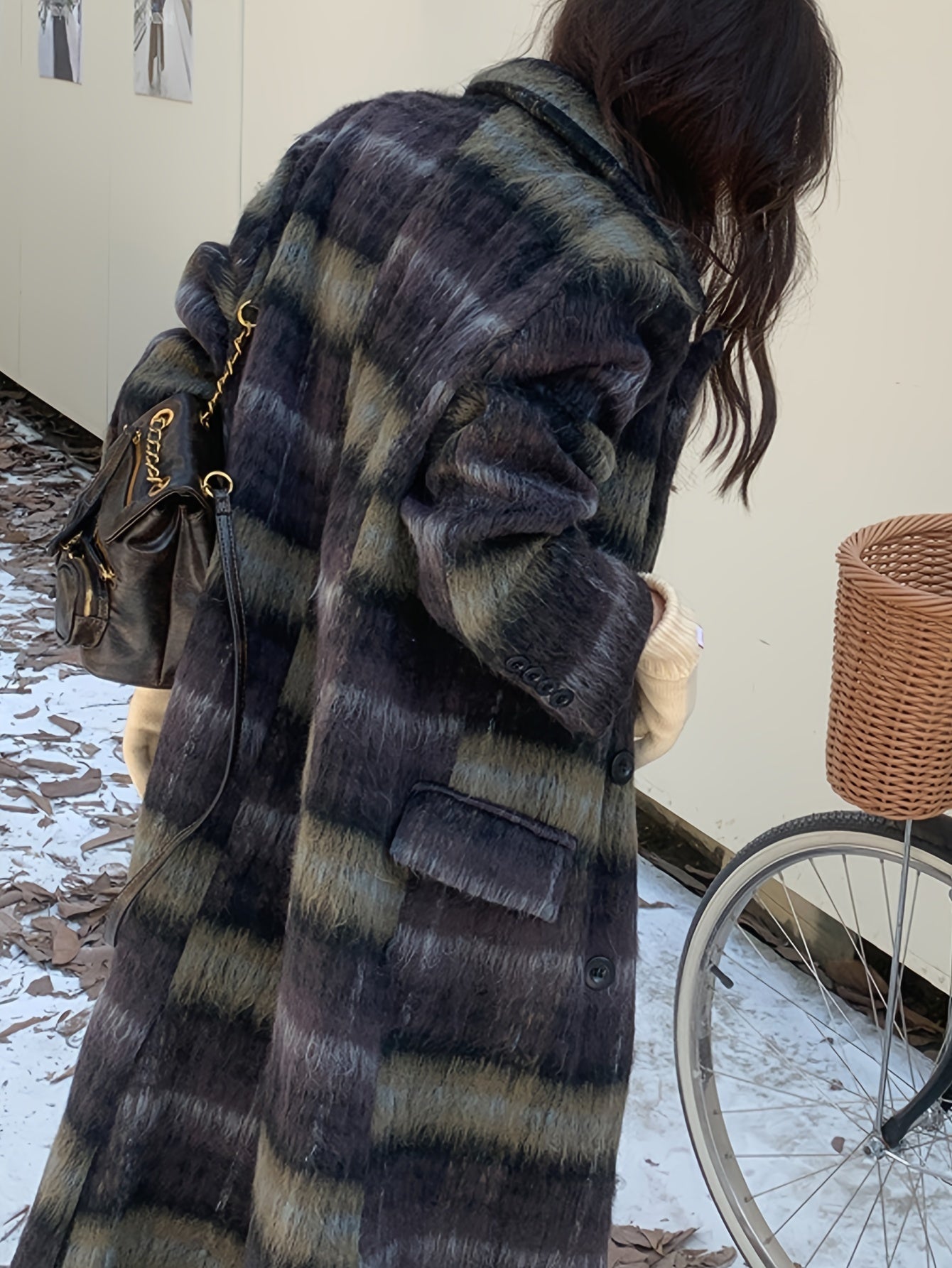 vlovelaw Plaid Print Double-breasted Coat, Casual Thermal Long Sleeve Lapel Overcoat For Winter, Women's Clothing