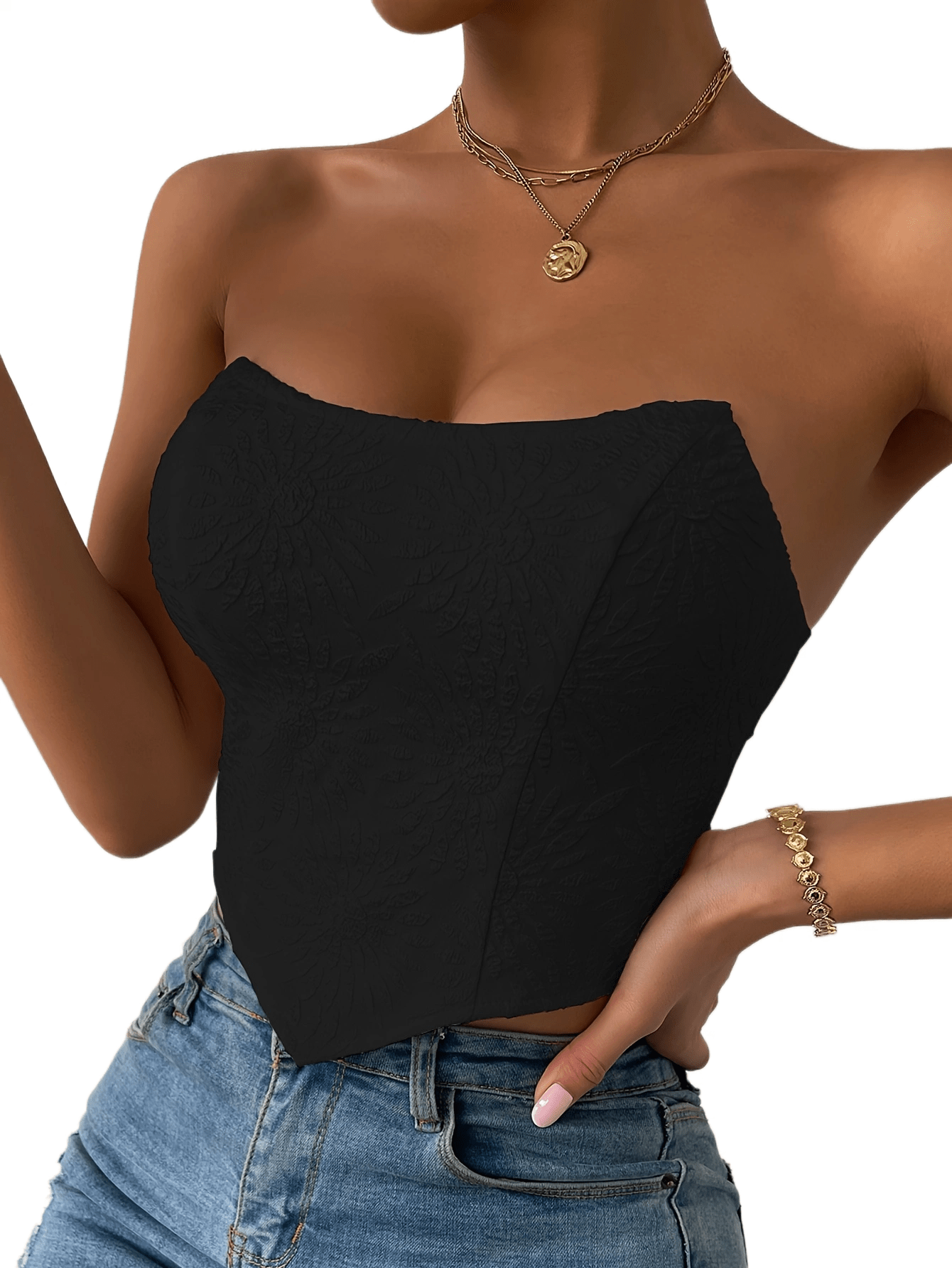 vlovelaw Floral Pattern Solid Tube Top, Casual Off Shoulder Hanky Hem Tube Top, Women's Clothing