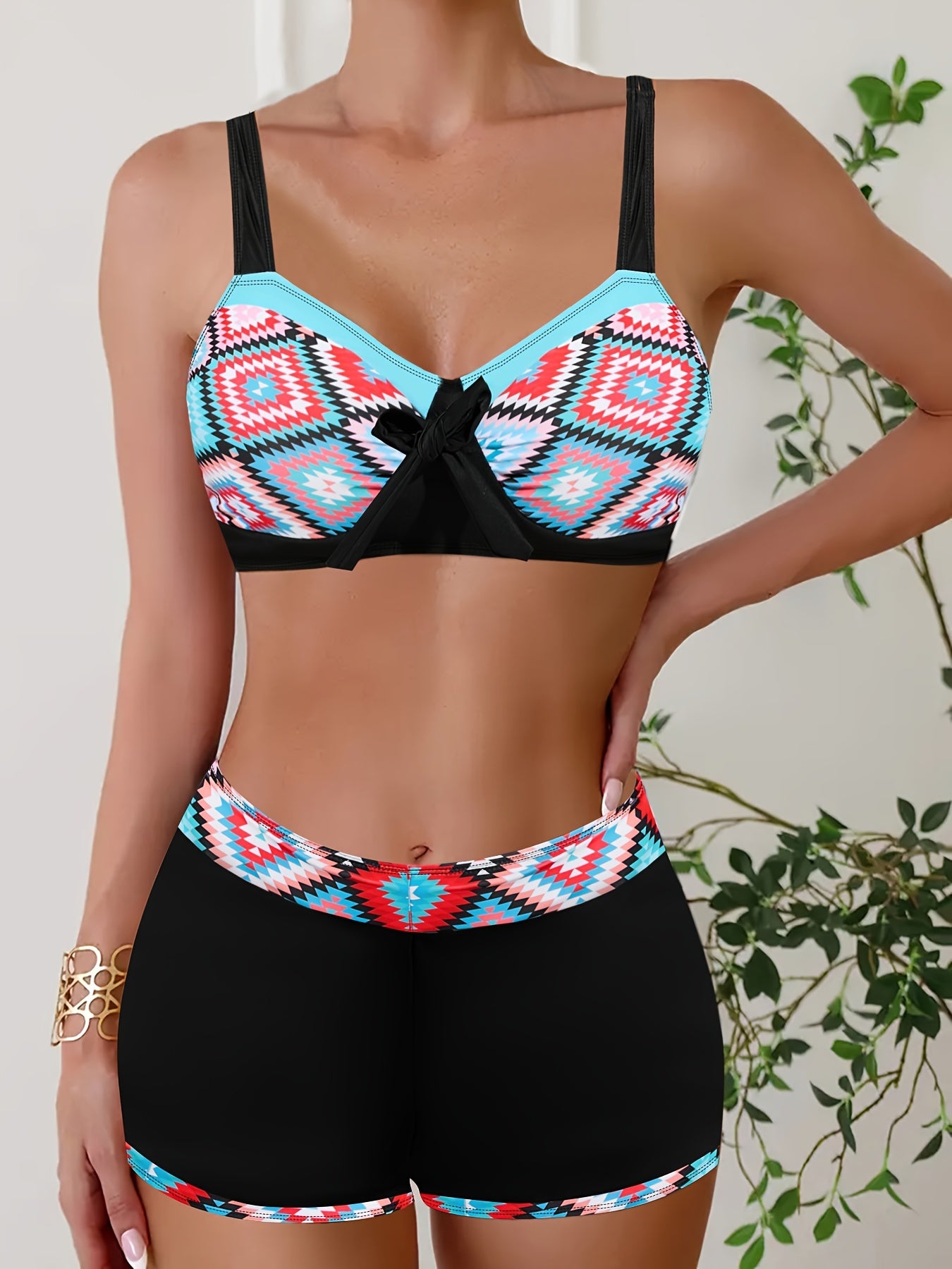 vlovelaw Random Print Bikini Sets, V Neck Contrast Trim Bow Tie Front High Waist Boxer Short Bottom Two Pieces Swimsuit, Women's Swimwear & Clothing
