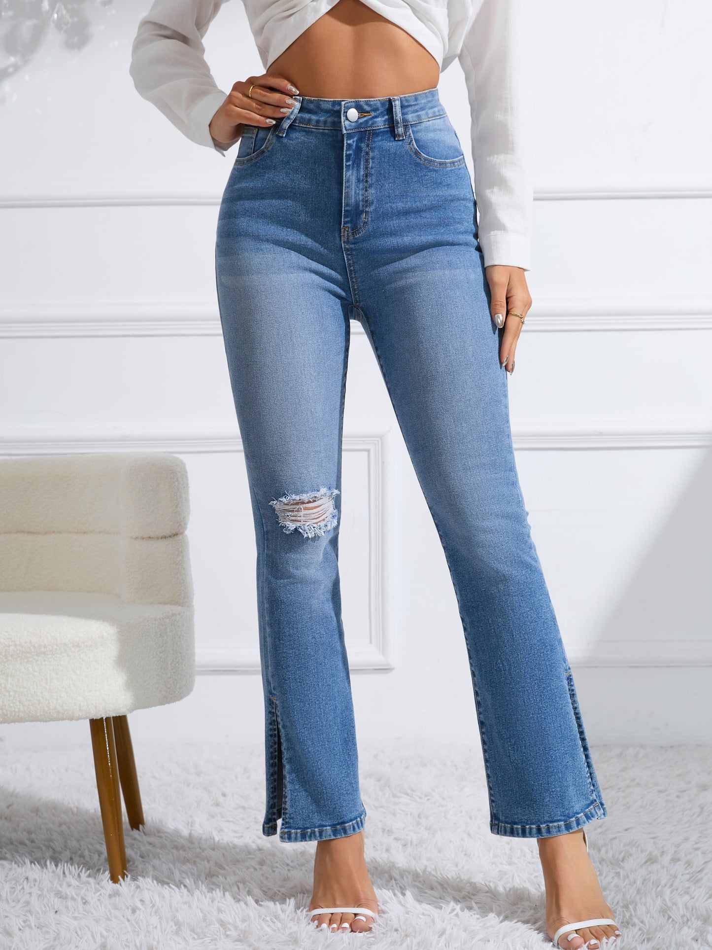 vlovelaw Side Split Ripped Holes Flare Jeans, Button Zipper Fly Washed Casual Denim Pants, Women's Denim Jeans & Clothing