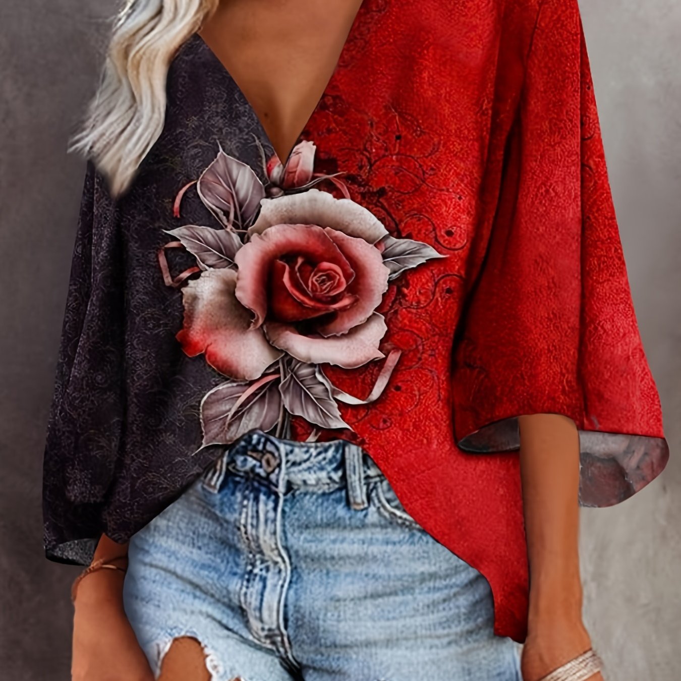 Plus Size Rose Print Bat Sleeve V Neck Top, Women's Plus Medium Stretch Casual T-shirt