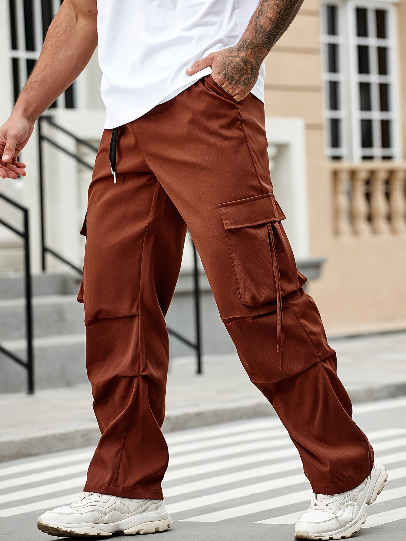 vlovelaw Solid Men's Chic Daily Cargo Pants With Big Pockets And Drawstring, All Seasons Outdoor Pants