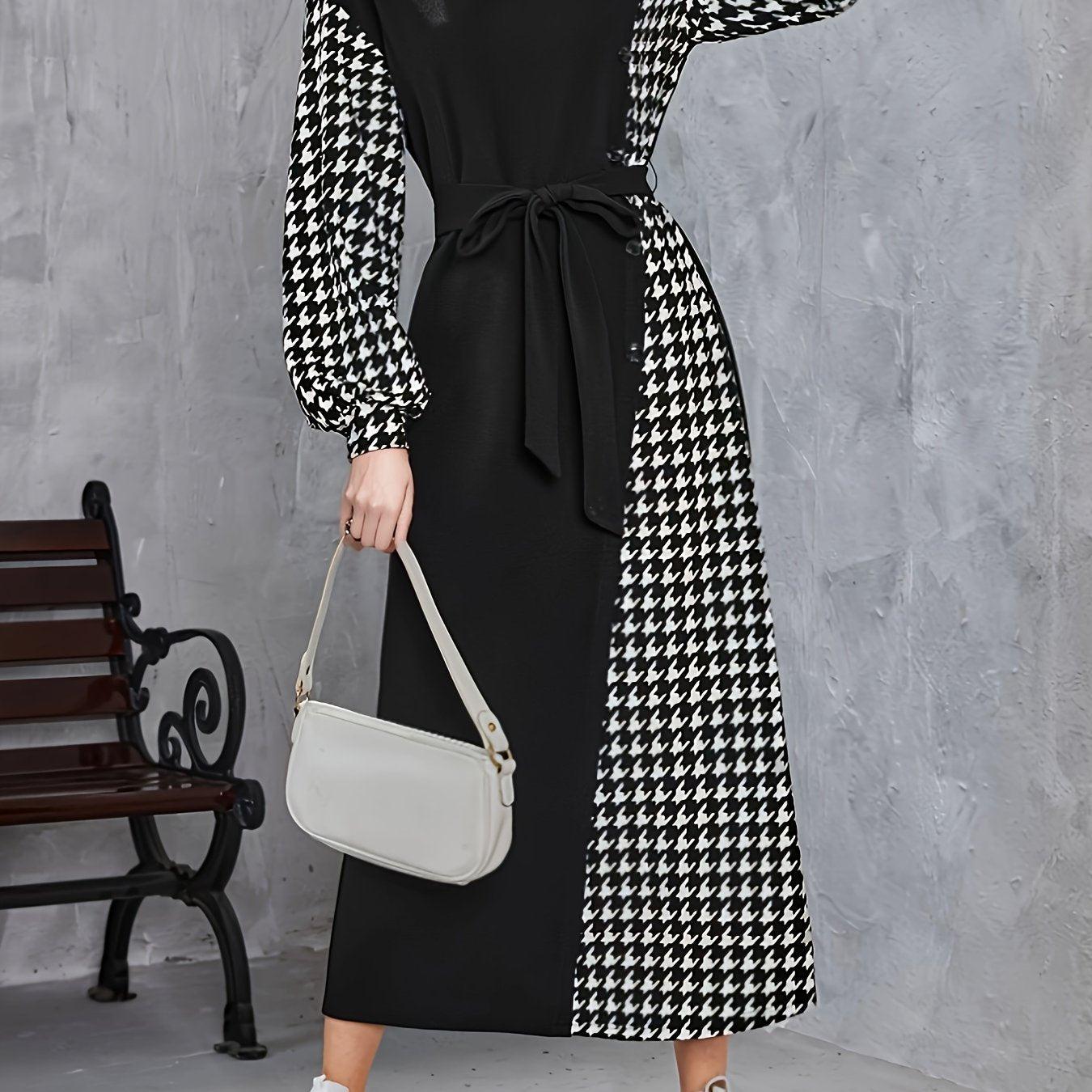 vlovelaw Houndstooth Print Splicing Mock Neck Dress, Casual Cinched Waist Long Sleeve Belted Dress, Women's Clothing
