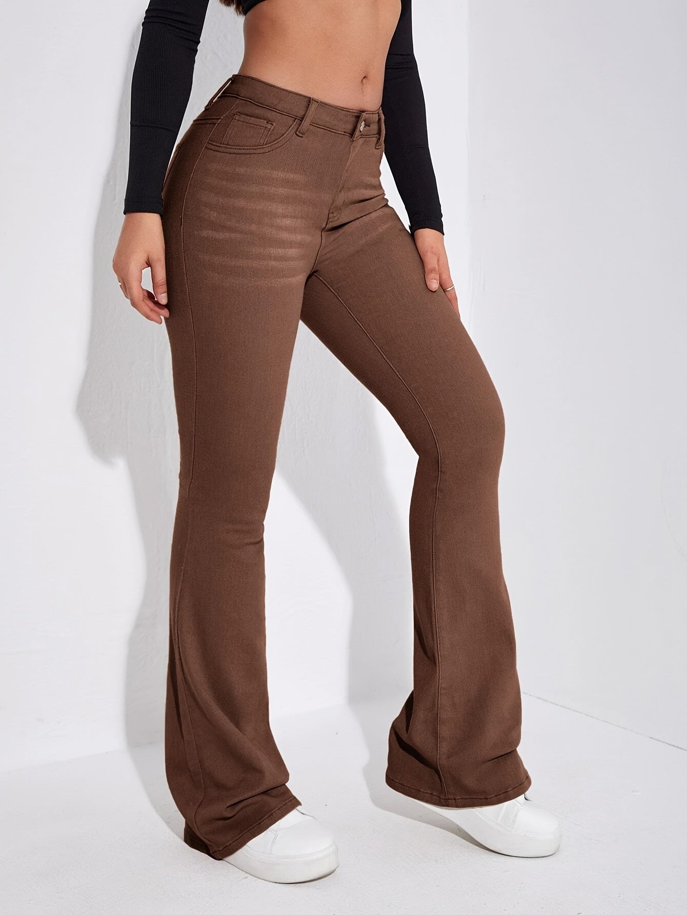 vlovelaw Solid Color Bootcut Jeans, Slant Pocket Mid-stretch Fitted Denim Pants, Women's Denim Jeans & Clothing
