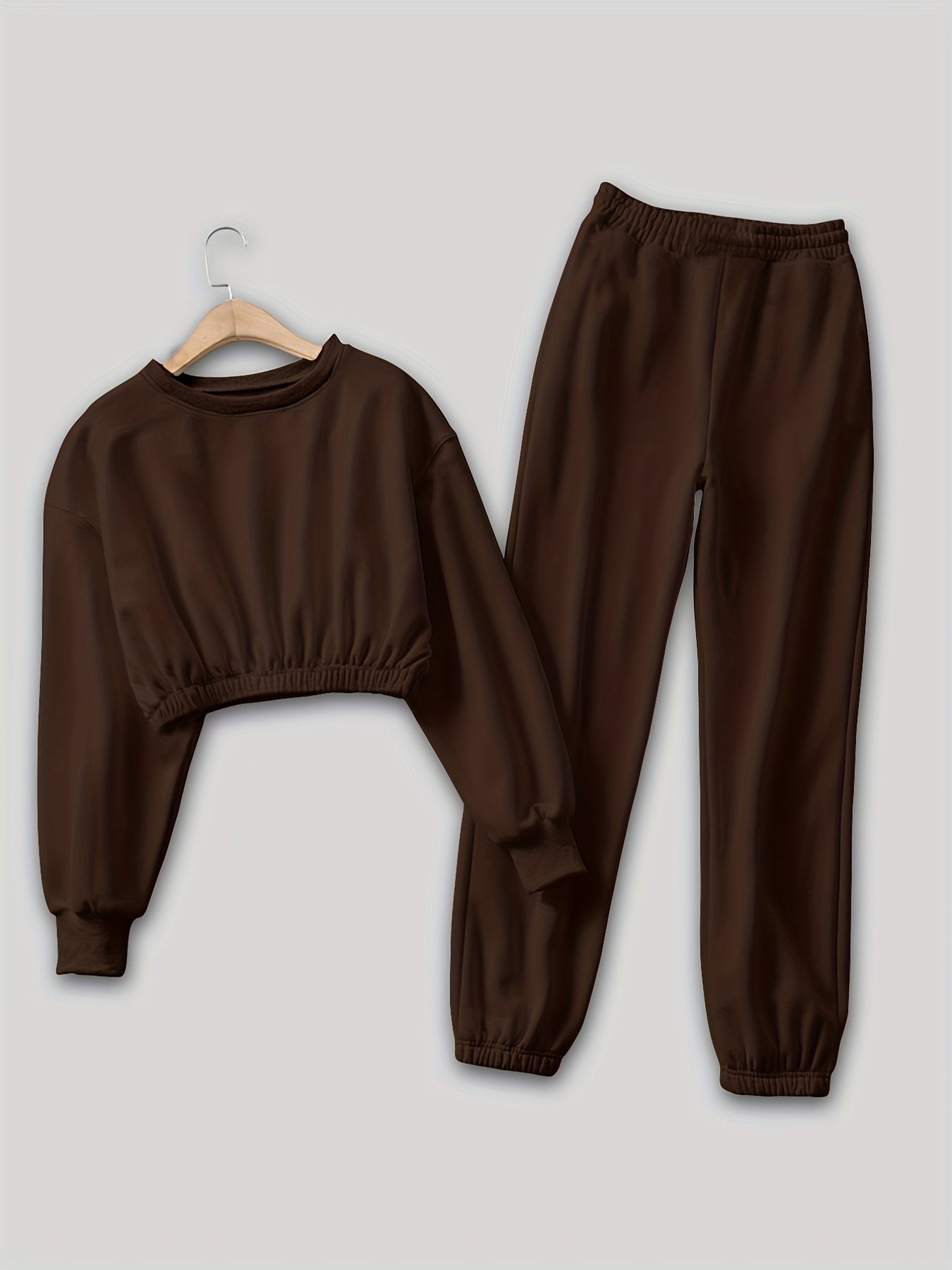 Solid Workout Two-piece Set, Cropped Long Sleeve Sweatshirt & Elastic Waist Jogger Pants Outfits, Women's Clothing