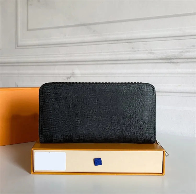 Top Designer Wallets Women Men Wallet Black Embossed Genuine Leather Wallet Single Zipper Ladies Long Purse High Quality Classic Check Flowers Wallet With Box