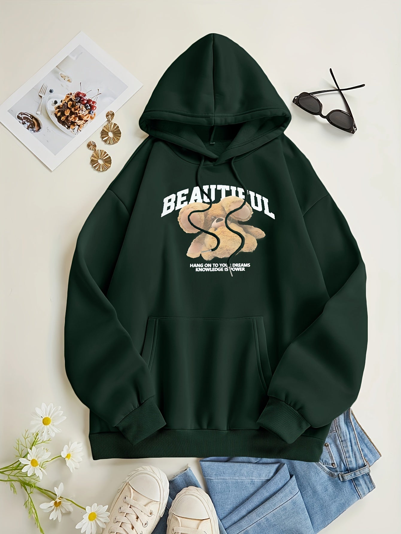 Bear Print Kangaroo Pocket Hoodie, Casual Long Sleeve Drawstring Hoodies Sweatshirt, Women's Clothing