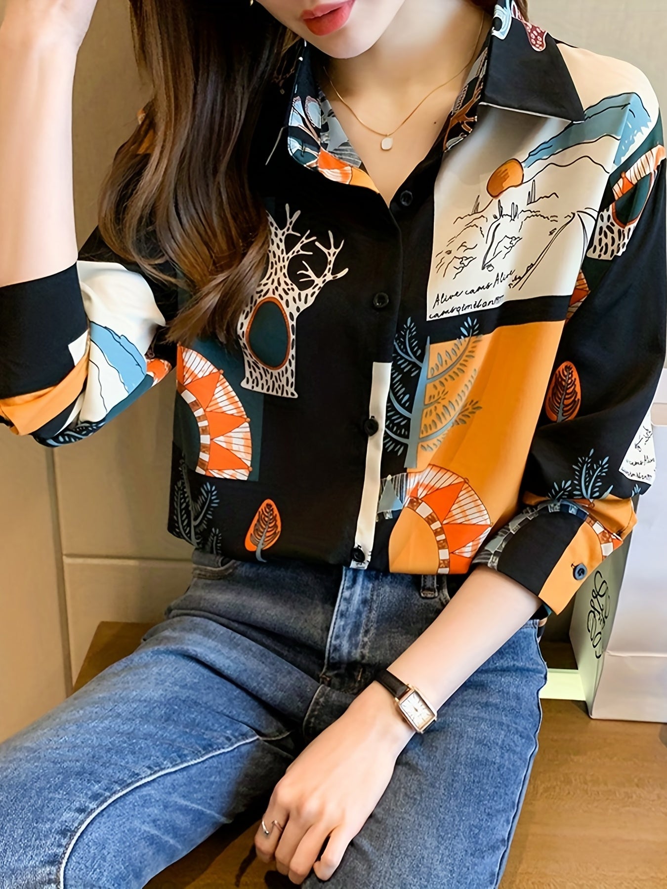 Color Block Button Front Shirt, Elegant Turn Down Collar Long Sleeve Shirt, Women's Clothing