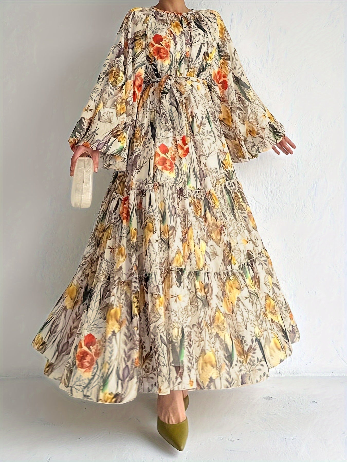 vlovelaw Floral Print Crew Neck Dress, Casual Lantern Sleeve Belted Dress, Women's Clothing