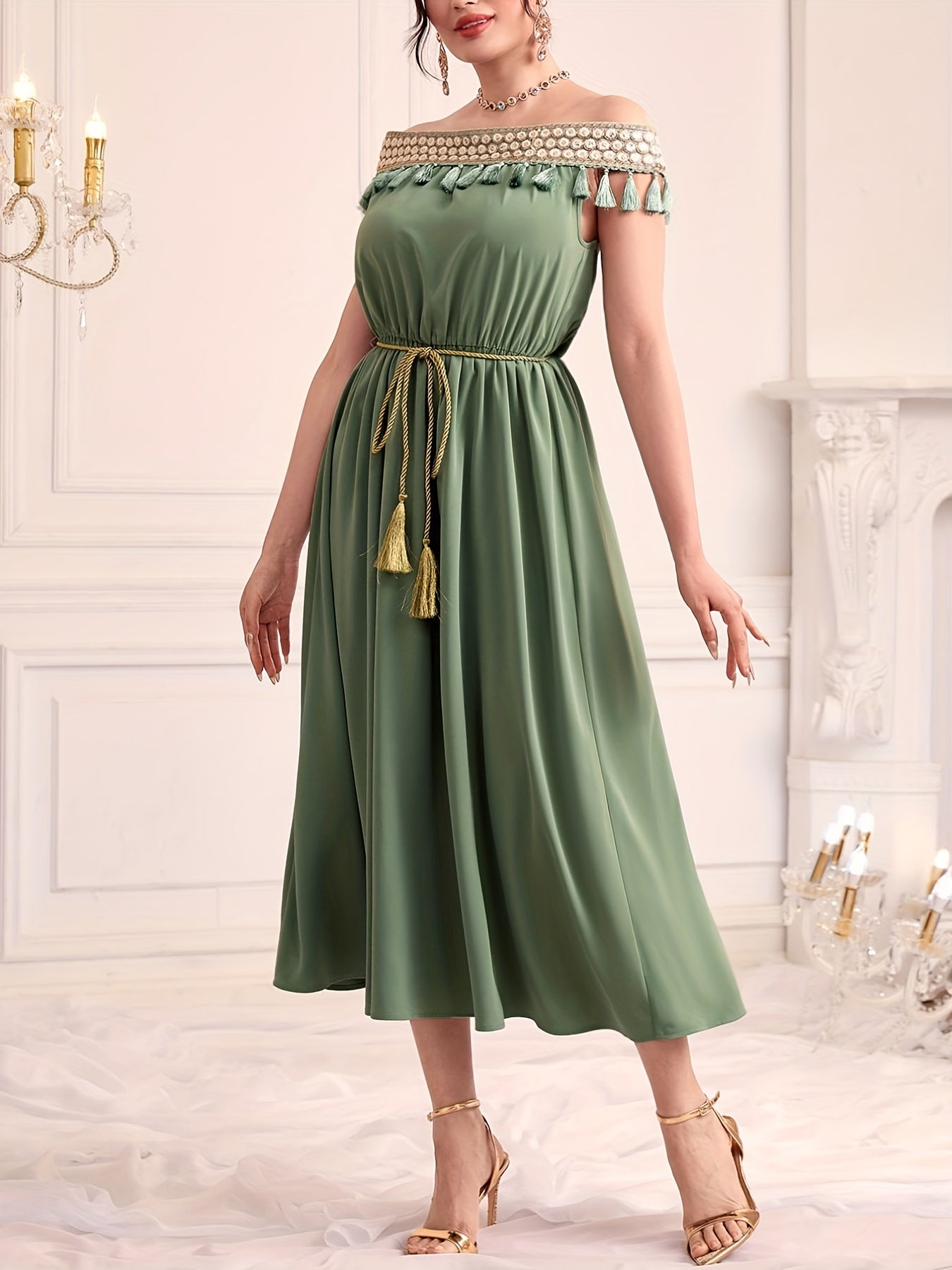vlovelaw Off Shoulder Tassel Dress, Elegant Solid Ruched Midi Dress, Women's Clothing