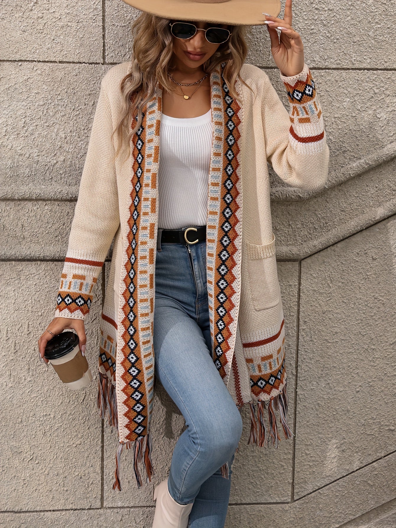 Ethnic Pattern Tassel Trim Knit Cardigan, Vintage Open Front Long Sleeve Pocket Sweater, Women's Clothing