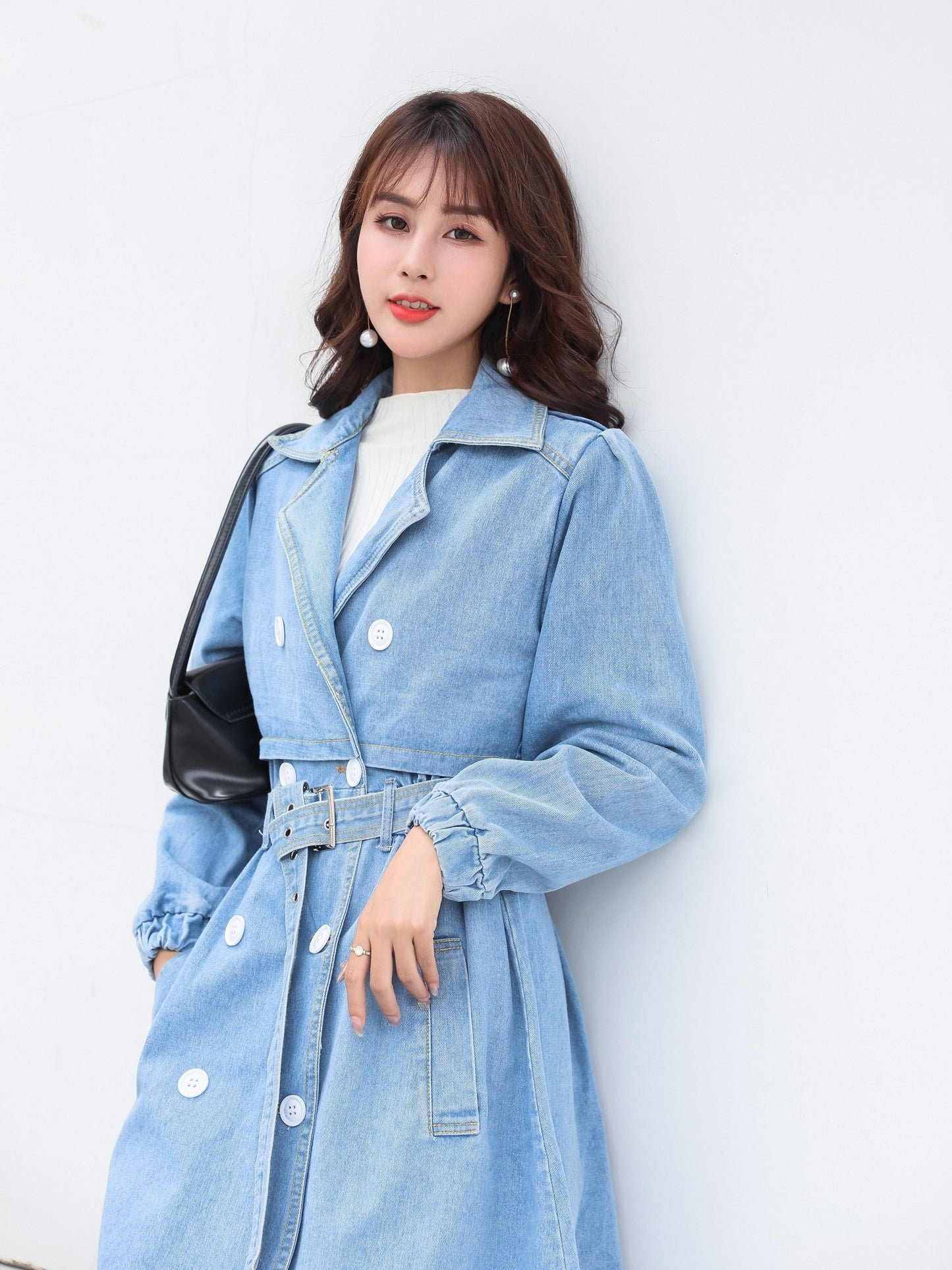 Blue Loose Fit Long Denim Jackets, Long Sleeves Non-Stretch With Waistband Lapel Denim Coats, Women's Denim Clothing