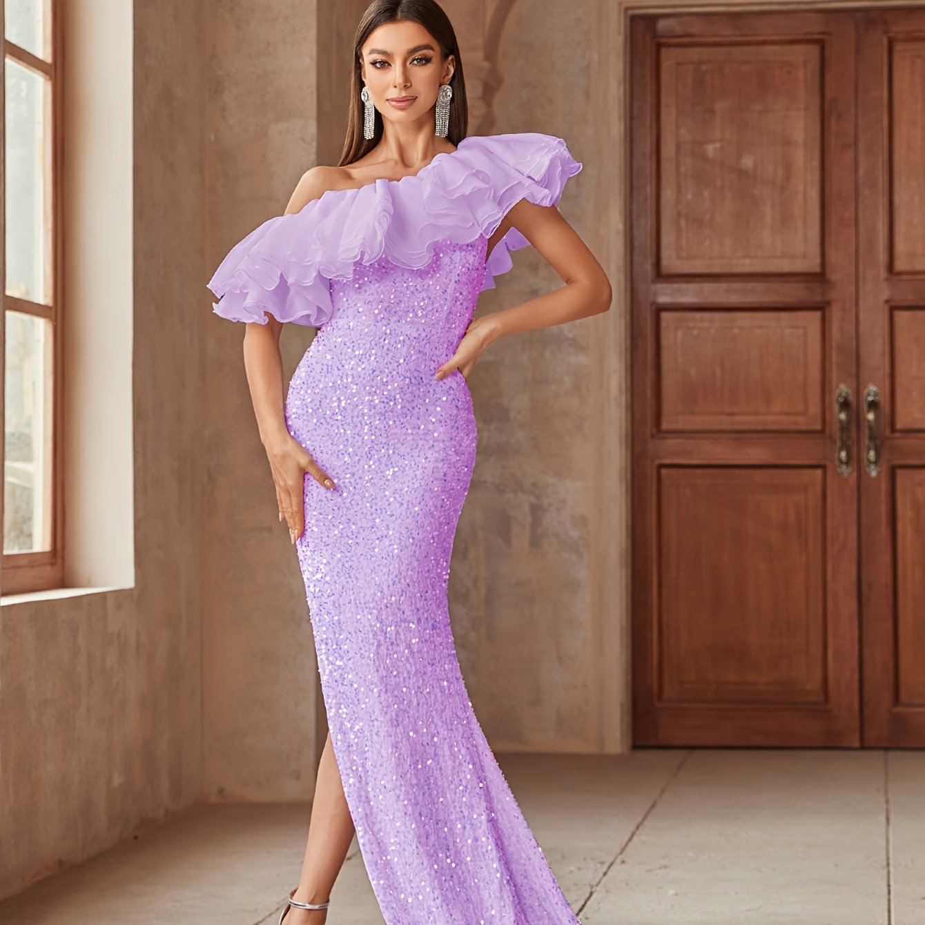 vlovelaw Sequined Layered Ruffle Trim Dress, Elegant Mesh Slant Shoulder Split Floor Length Dress For Party & Banquet, Women's Clothing