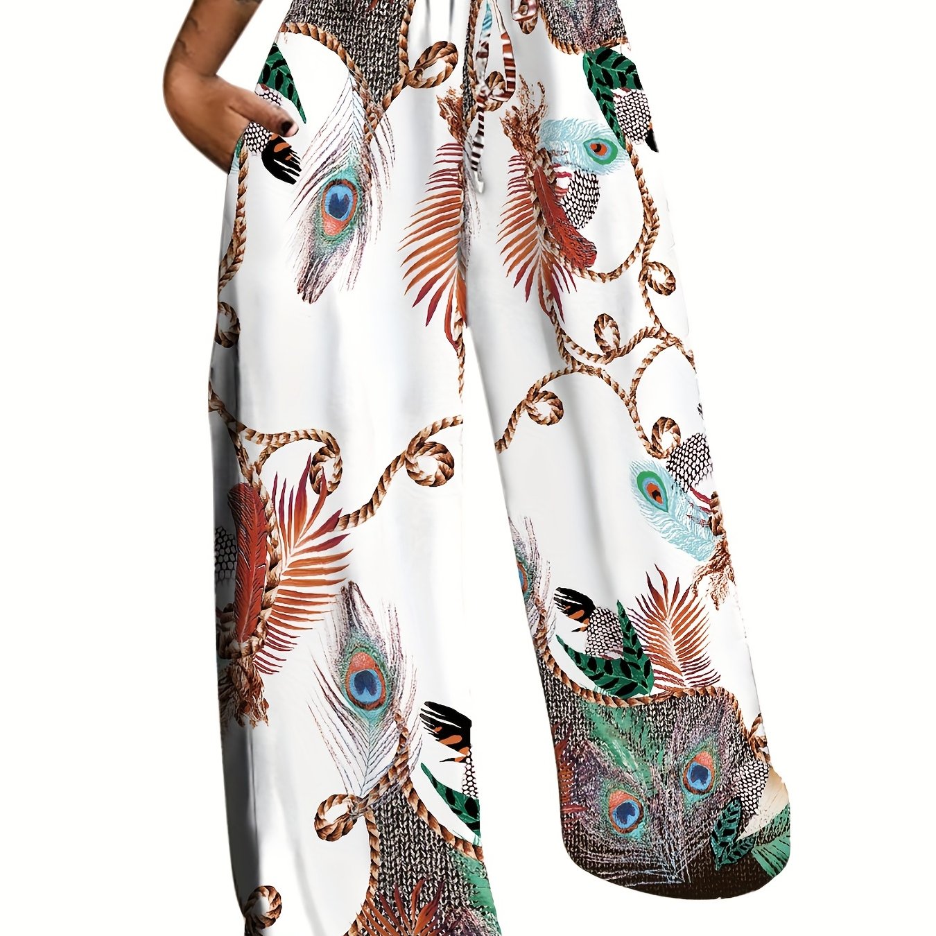 Peacock Print Wide Leg Pants, Retro Drawstring Long Length Palazzo Pants, Women's Clothing