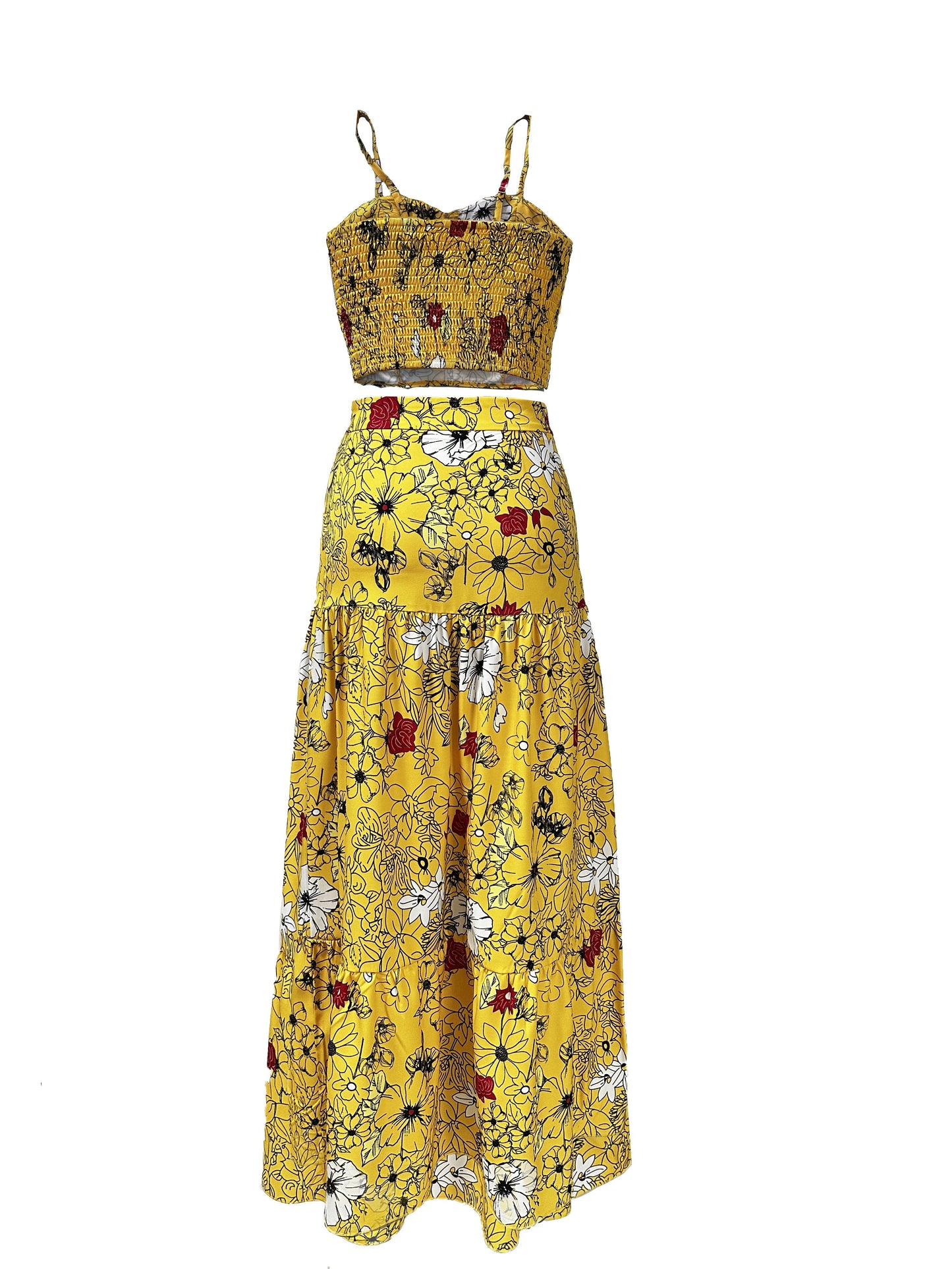 vlovelaw Floral Print Two-piece Skirt Set, Crop Cami Top & Maxi Length A-line Skirt Outfits, Women's Clothing