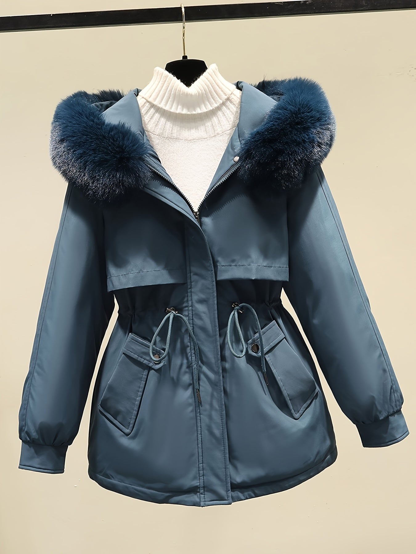 Women's Winter Parka - Casual Long Sleeve, Faux Fur Hooded Coat with Drawstring Waist & Plush Lining for Warmth