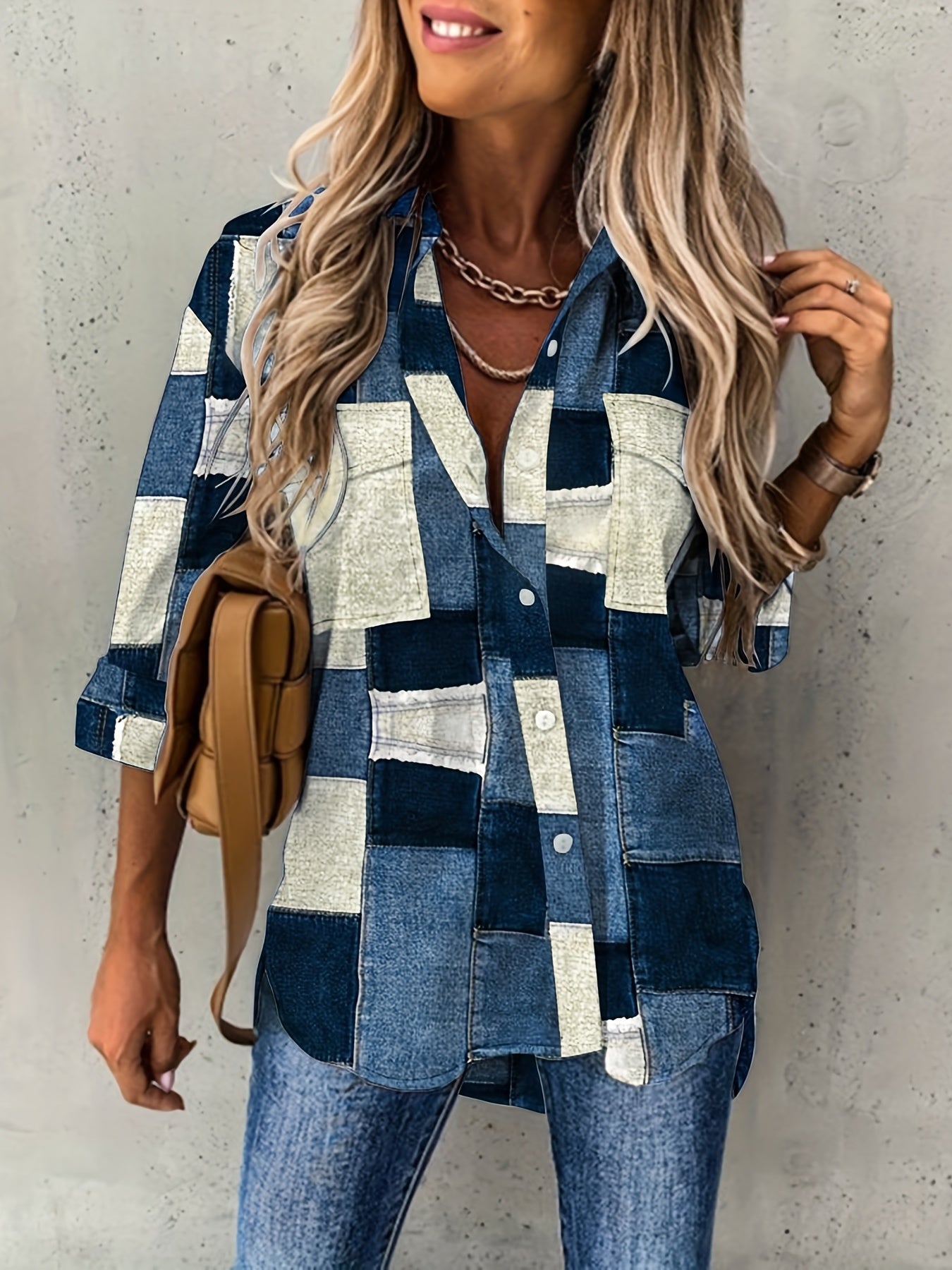 Denim Plaid Print Button Front Shirt, Casual Long Sleeve Shirt, Women's Clothing