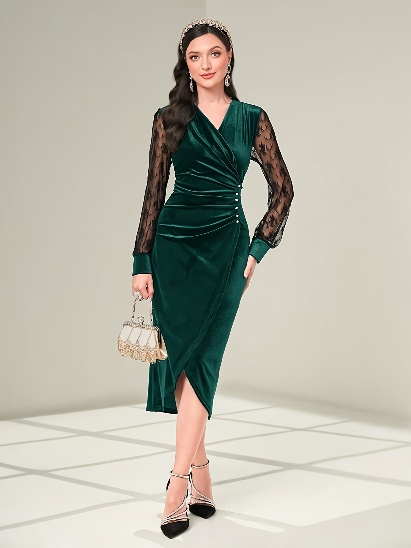 vlovelaw Contrast Lace Bodycon Dress, Elegant Long Sleeve Dress For Party & Banquet, Women's Clothing