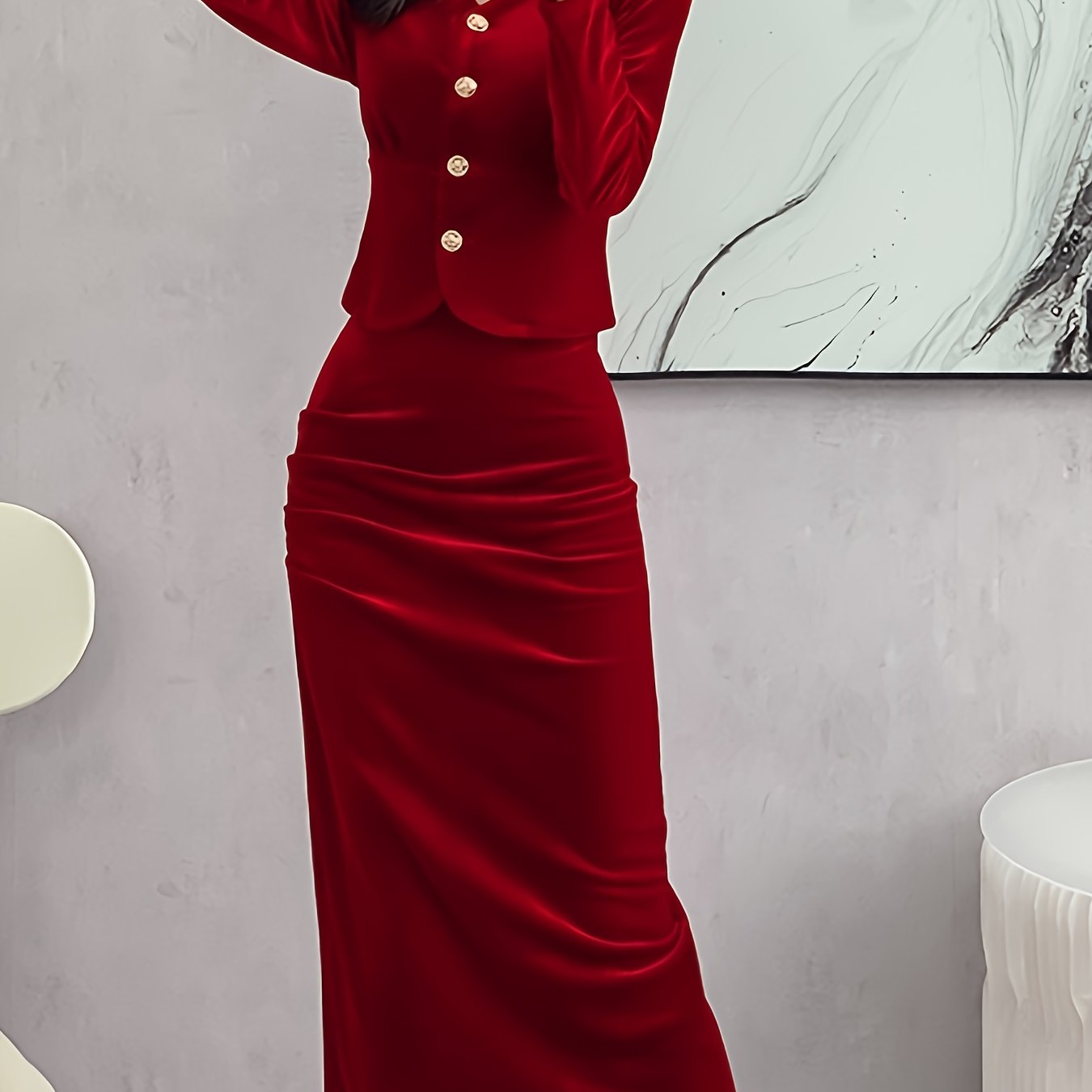 vlovelaw Solid Bodycon Two-piece Set, Button Front Long Sleeve Tops & High Waist Midi Skirts Outfits, Women's Clothing