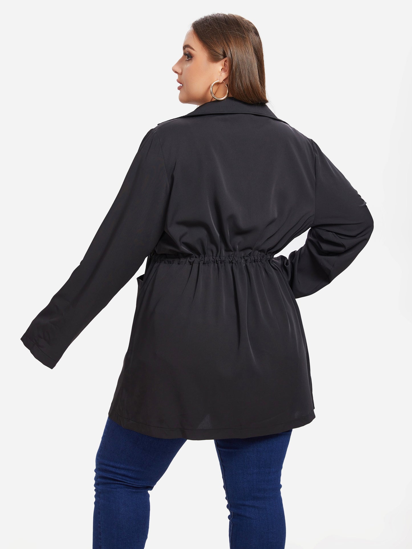 vlovelaw Plus Size Drawstring Pockets Coat, Casual Long Sleeve Lapel Coat For Fall, Women's Plus Size Clothing