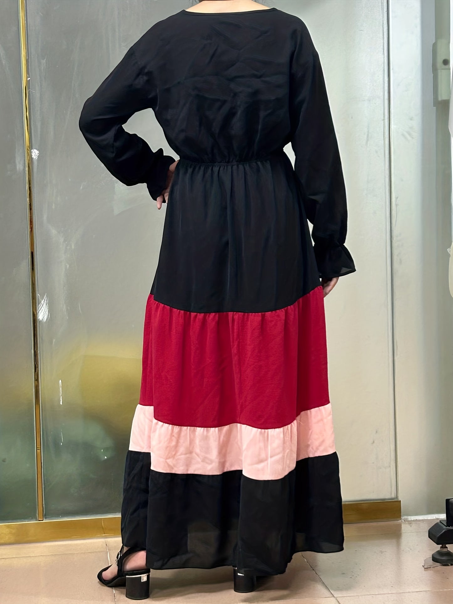 vlovelaw Color Block Ruffle Long Sleeve Dress, Casual Surplice Neck Cinched Waist Dress For Spring & Fall, Women's Clothing