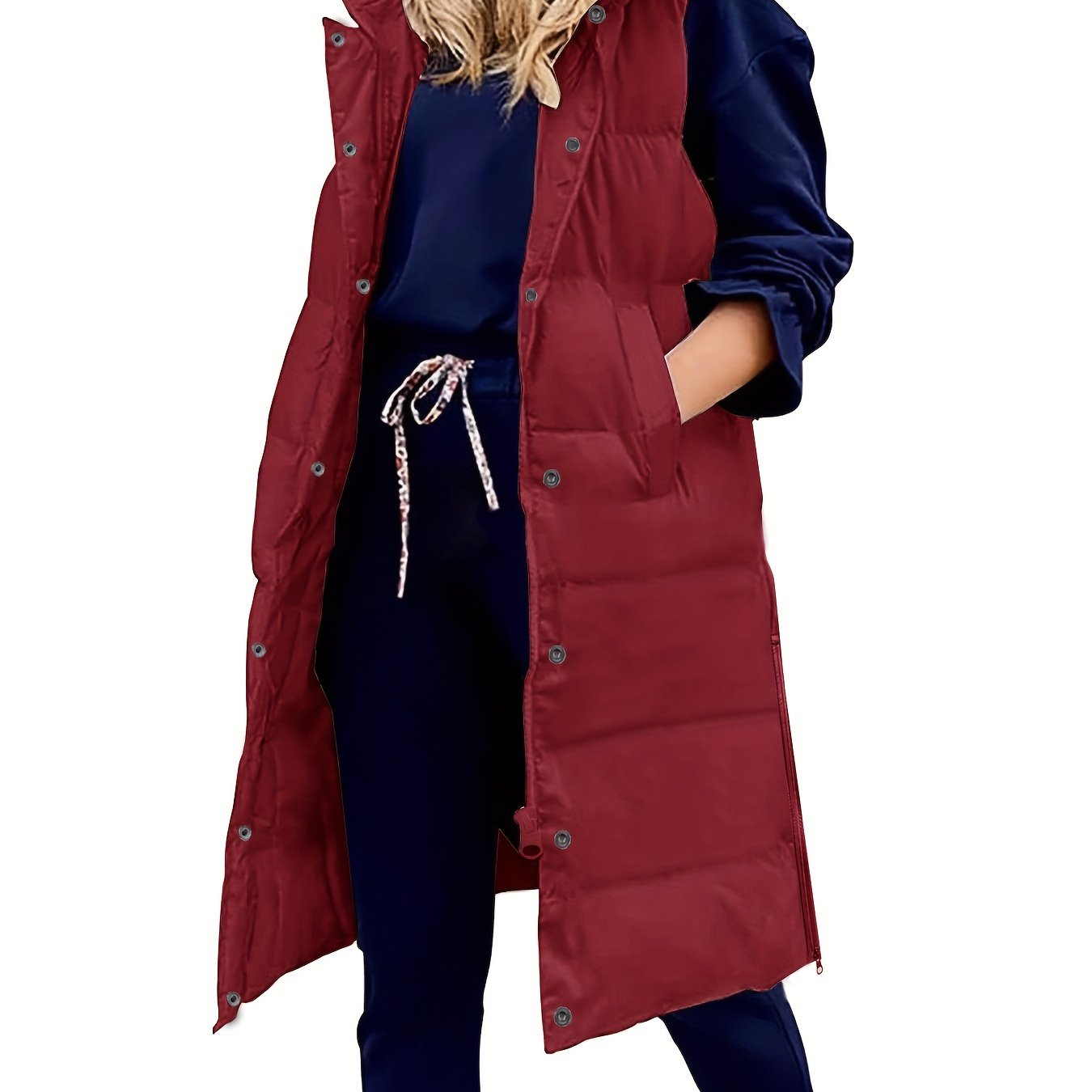 Hooded Sleeveless Coat, Button Front Long Length Casual Warm Outerwear, Women's Clothing