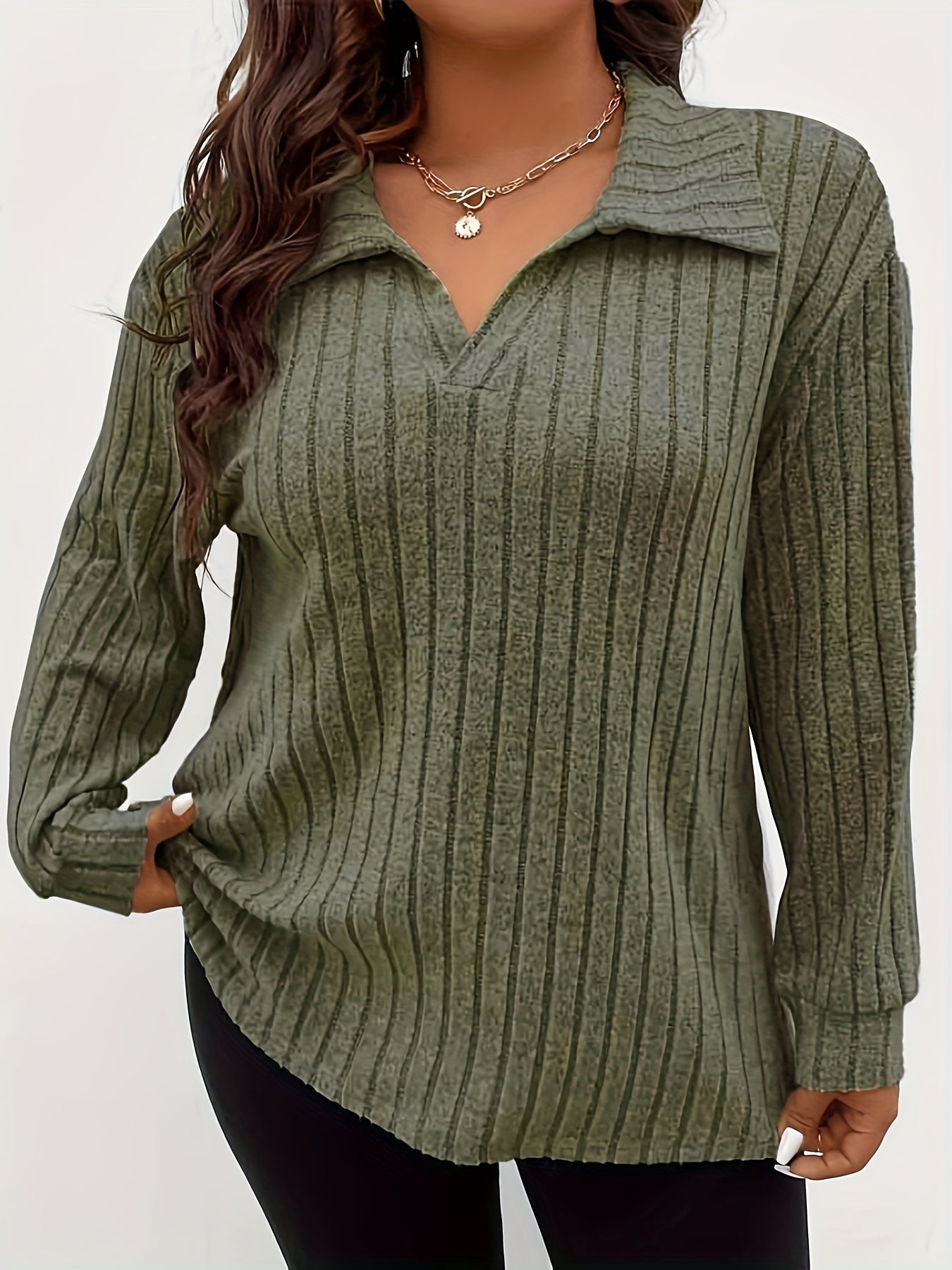 Plus Size Casual T-shirt, Women's Plus Solid Ribbed Long Sleeve Lapel Collar Slight Stretch T-shirt