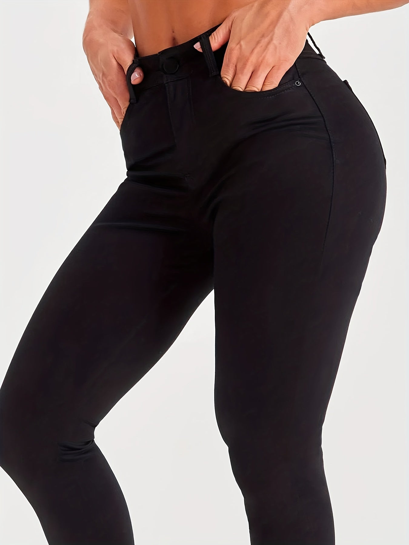 Solid Black Skinny Jeans, High Stretch Mid Rise Stylish Plain Denim Pants, Essential Basic Pants For Every Day, Women's Denim Jeans & Clothing