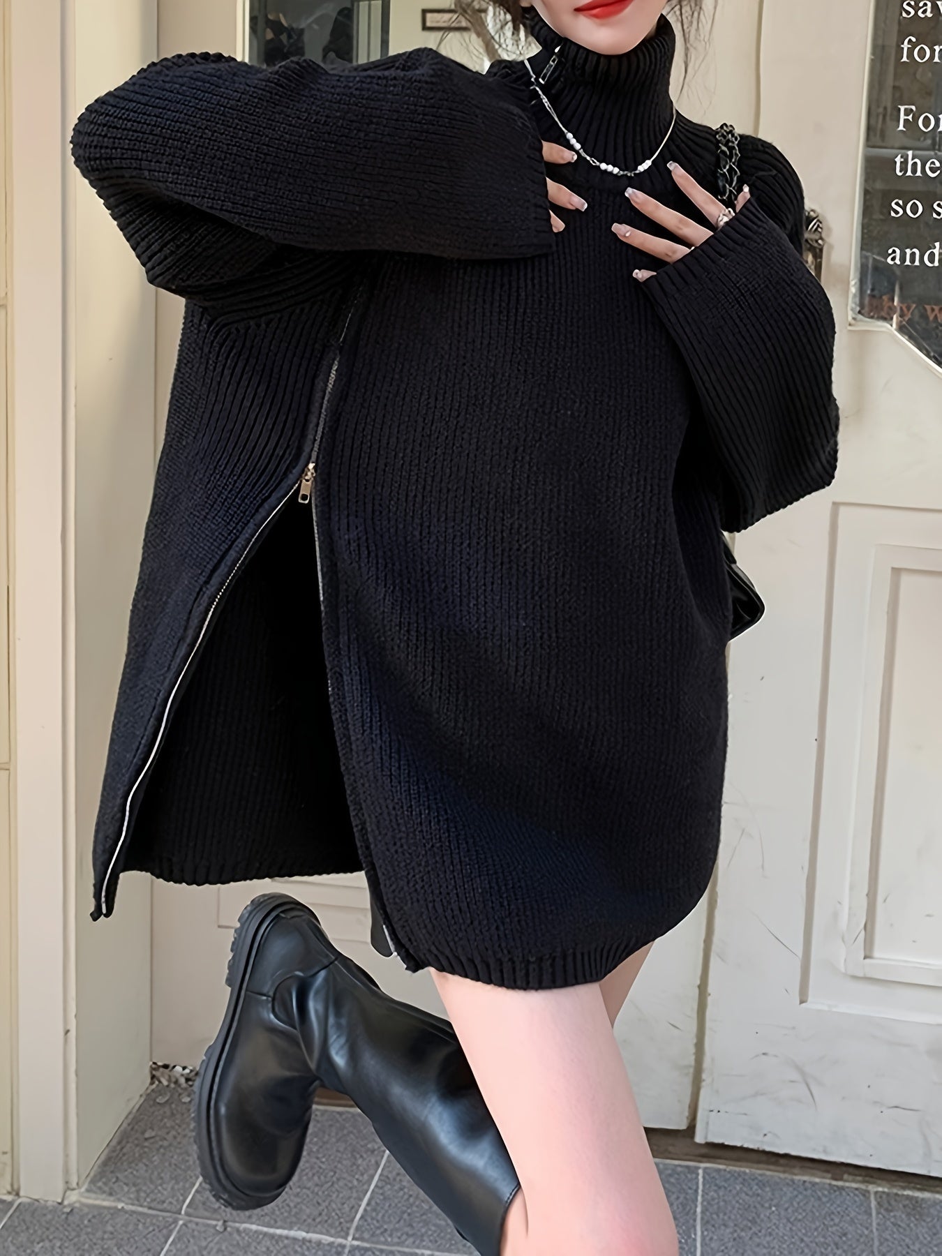 vlovelaw Solid Zip Up Oversized Pullover Sweater, Casual Turtle Neck Long Sleeve Sweater, Women's Clothing