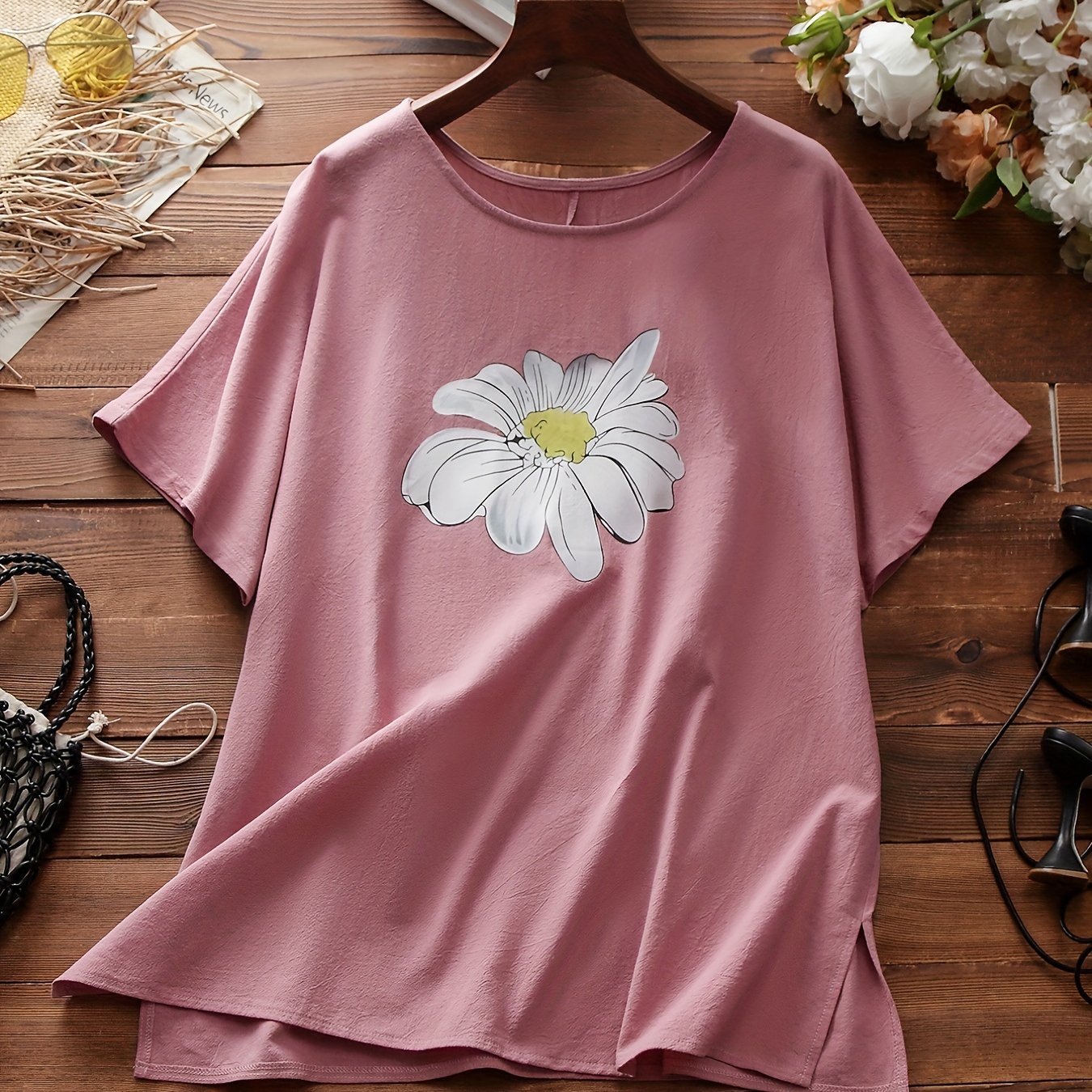Plus Size Casual Top, Women's Plus Flower Print Short Sleeve Round Neck T-shirt