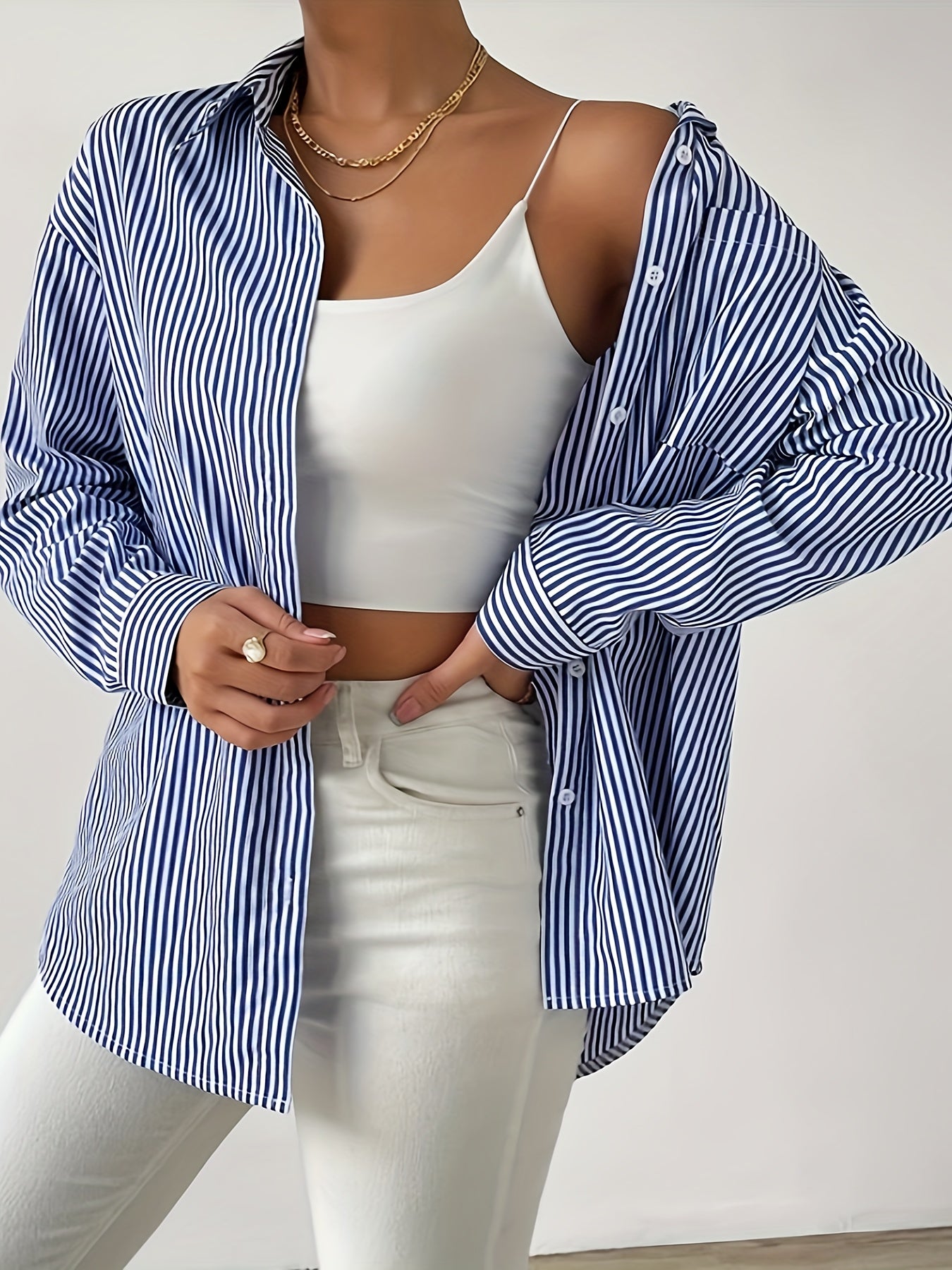 Striped Button Front Shirt, Casual Long Sleeve Lapel Shirt, Women's Clothing