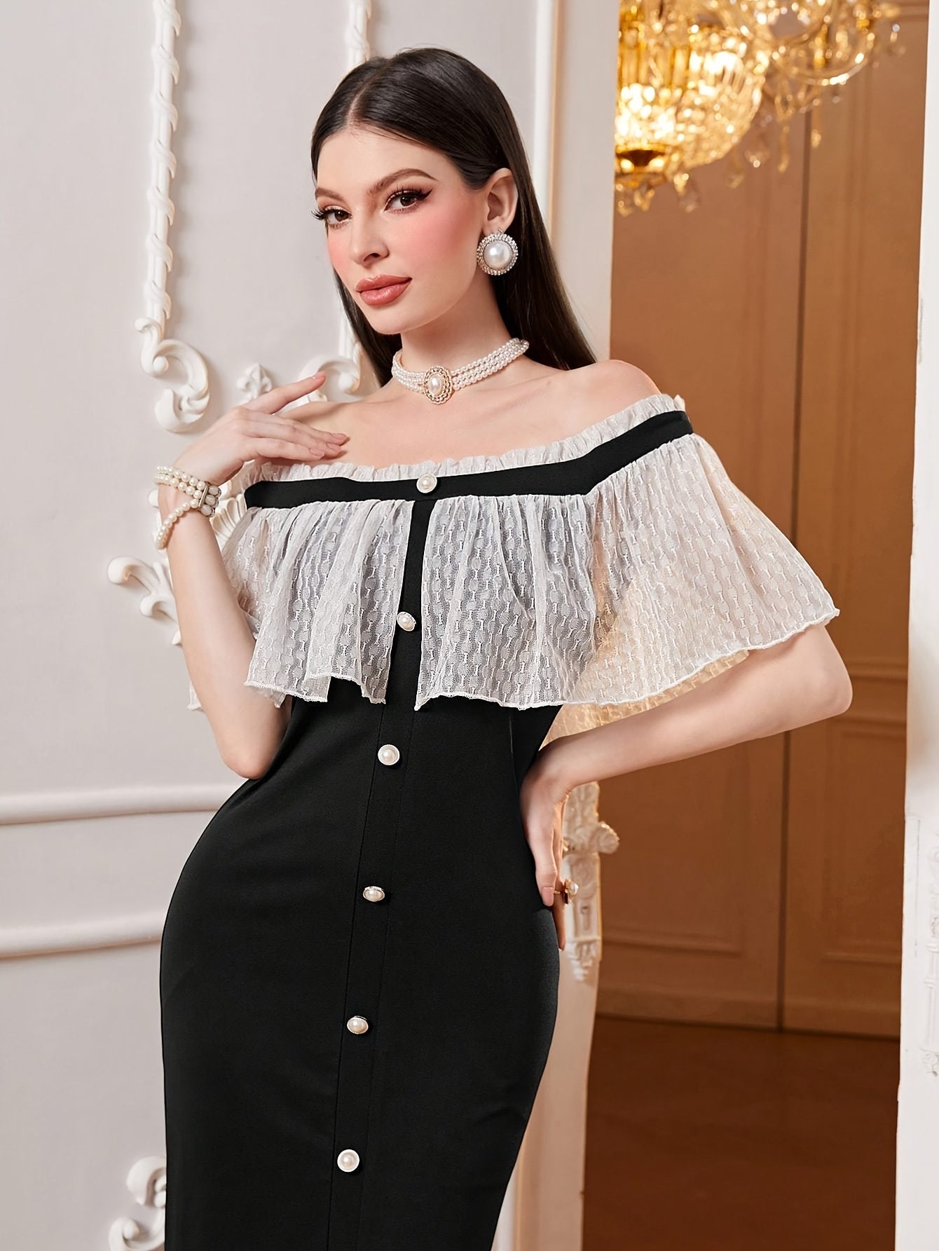 vlovelaw Off-shoulder Lace Cape Dress, Chic Split Hem Slim Dress For Spring & Summer, Women's Clothing
