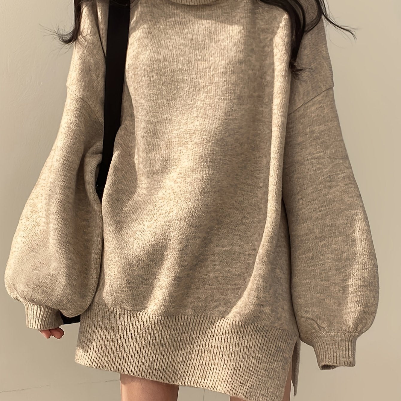 vlovelaw Solid Turtle Neck Oversized Sweater, Casual Long Sleeve Split Sweater, Women's Clothing