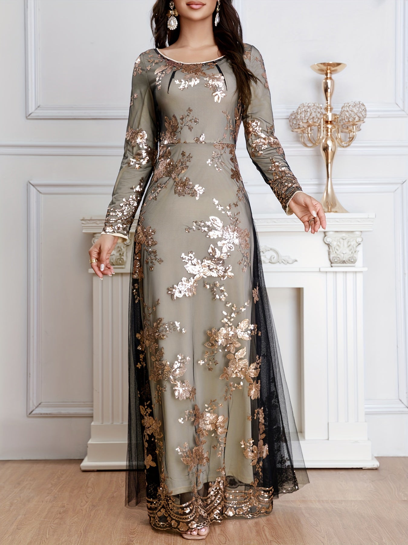 vlovelaw Sequined Crew Neck Mesh Bridesmaid Dress, Elegant Long Sleeve Ankle Lenght Dress For Wedding Party, Women's Clothing