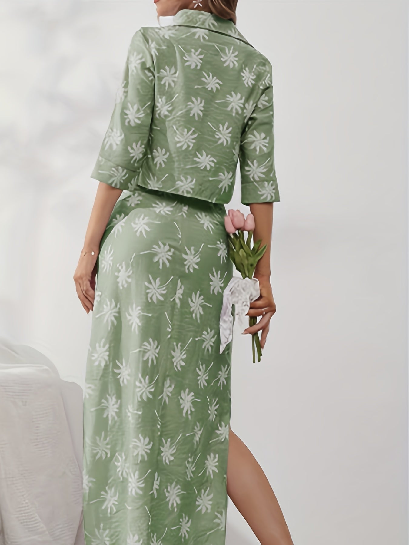 vlovelaw Coconut Tree Print Two-piece Set, Button Front Cropped Shirt & High Waist Split Skirts Outfits, Women's Clothing