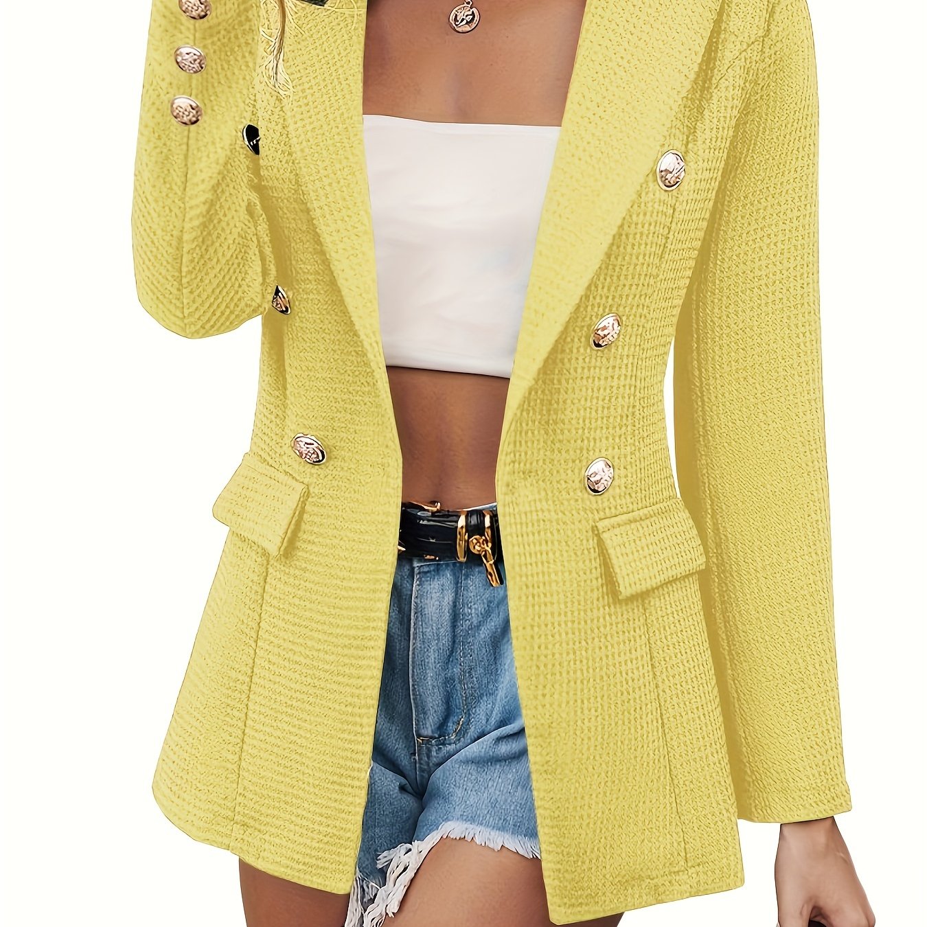 vlovelaw Lapel Double Breasted Blazer, Elegant Long Sleeve Work Office Outerwear With Pockets, Women's Clothing