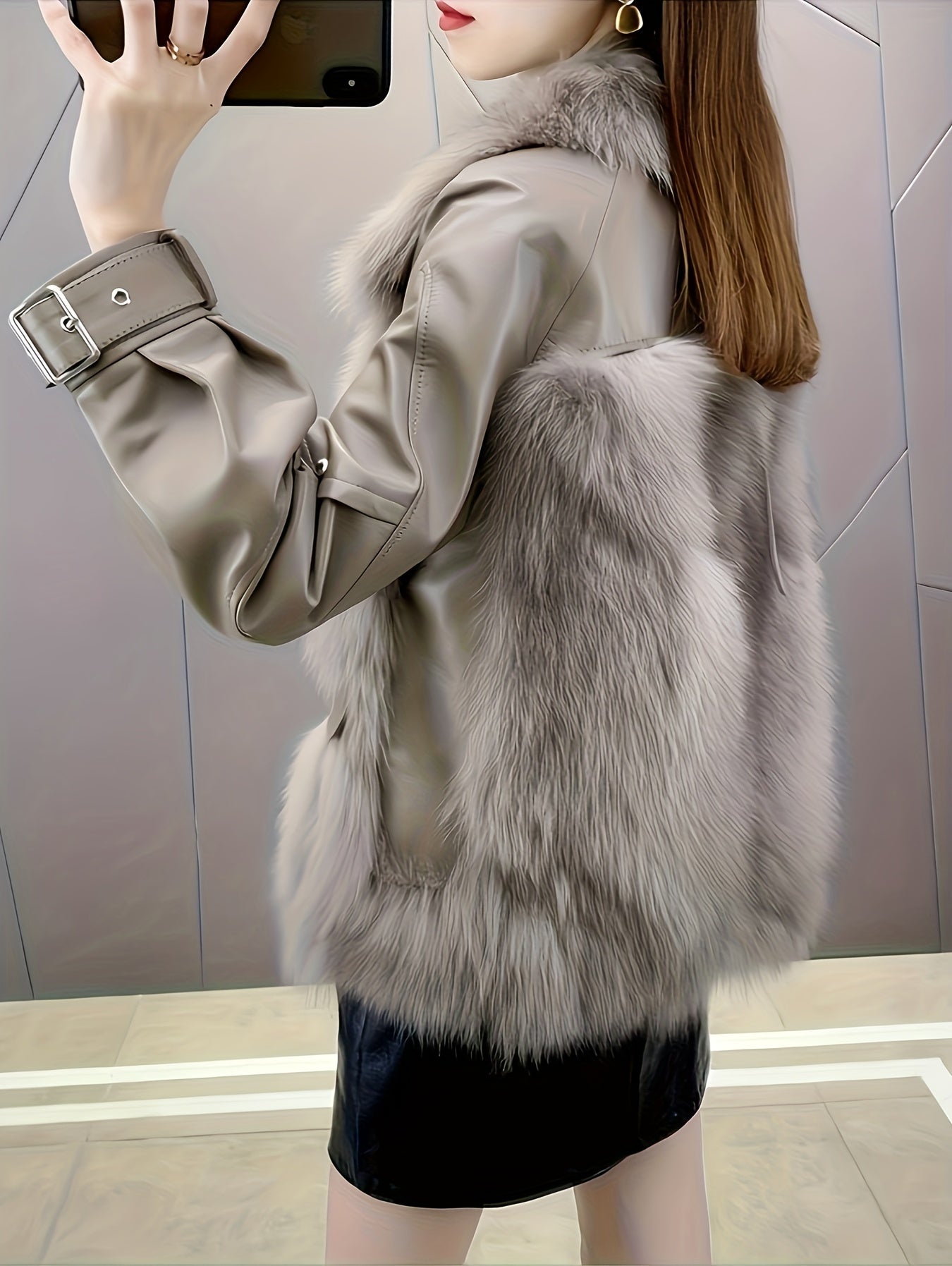 vlovelaw Fluffy Trim Solid Coat, Casual Zip Up Long Sleeve Winter Outerwear, Women's Clothing