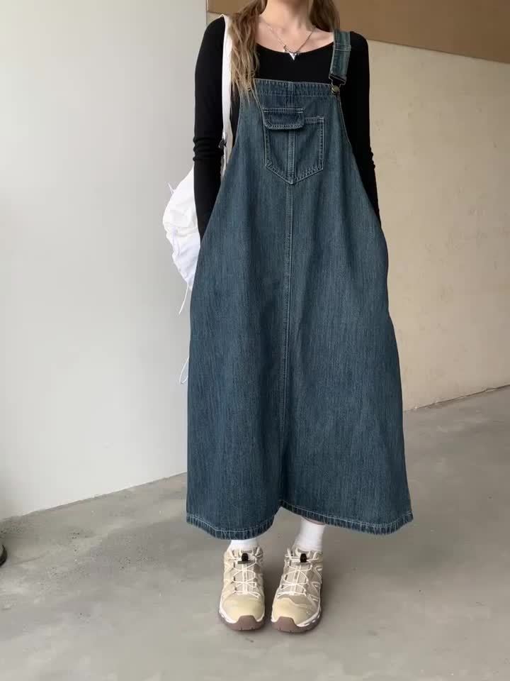 vlovelaw Loose Fit Casual Denim Overall Dress, Front Pockets Non-Stretch Washed Denim Dress, Women's Denim Clothing