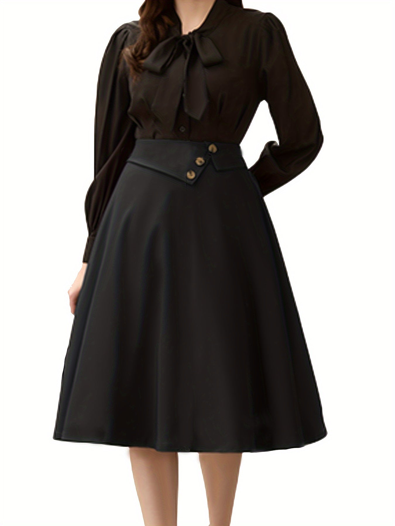 Solid High Waist Flared Skirt, Vintage Button Big Swing Midi Skirt, Women's Clothing