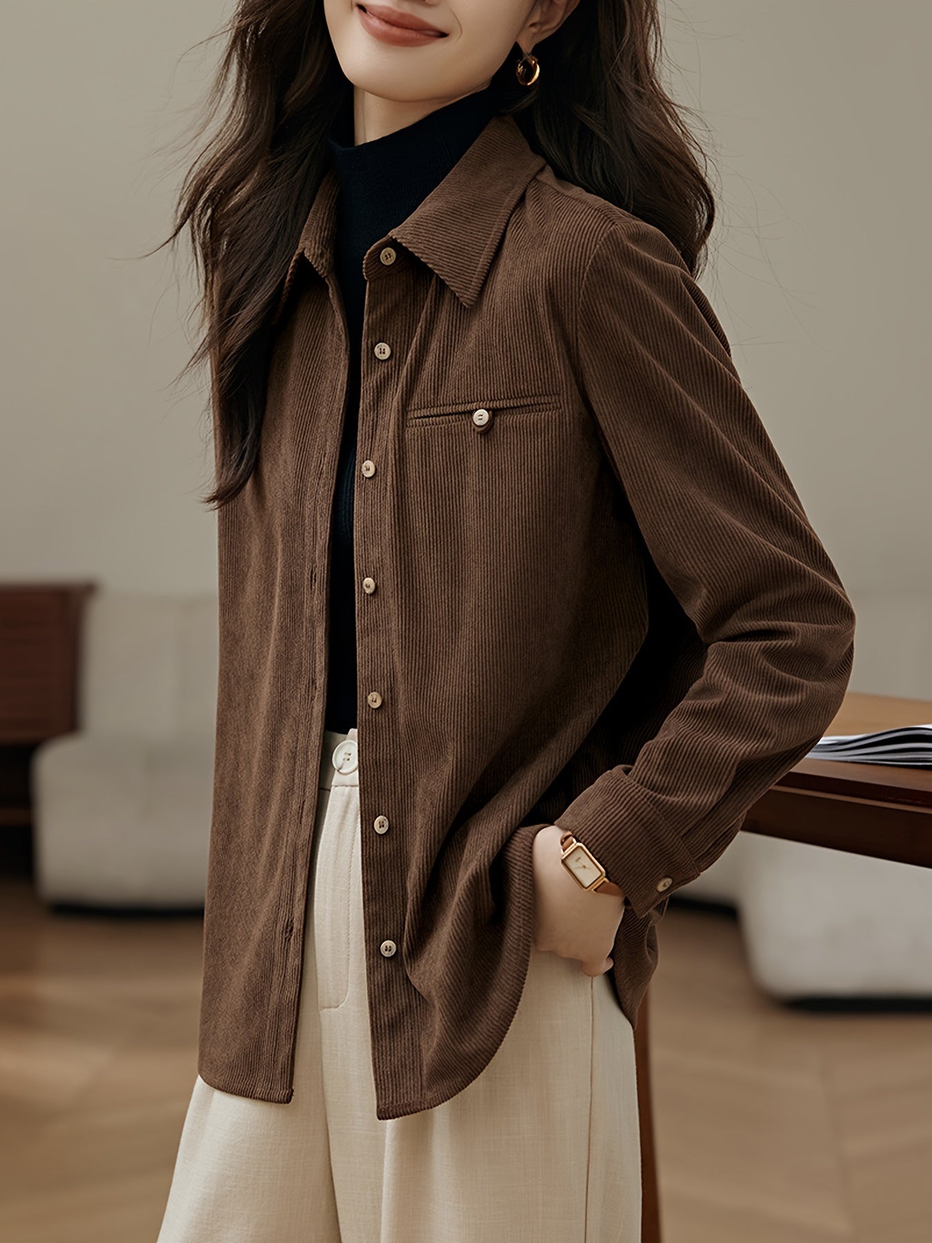 Ribbed Polo Collar Button Shirt, Elegant Long Sleeve Shirt For Spring & Fall, Women's Clothing