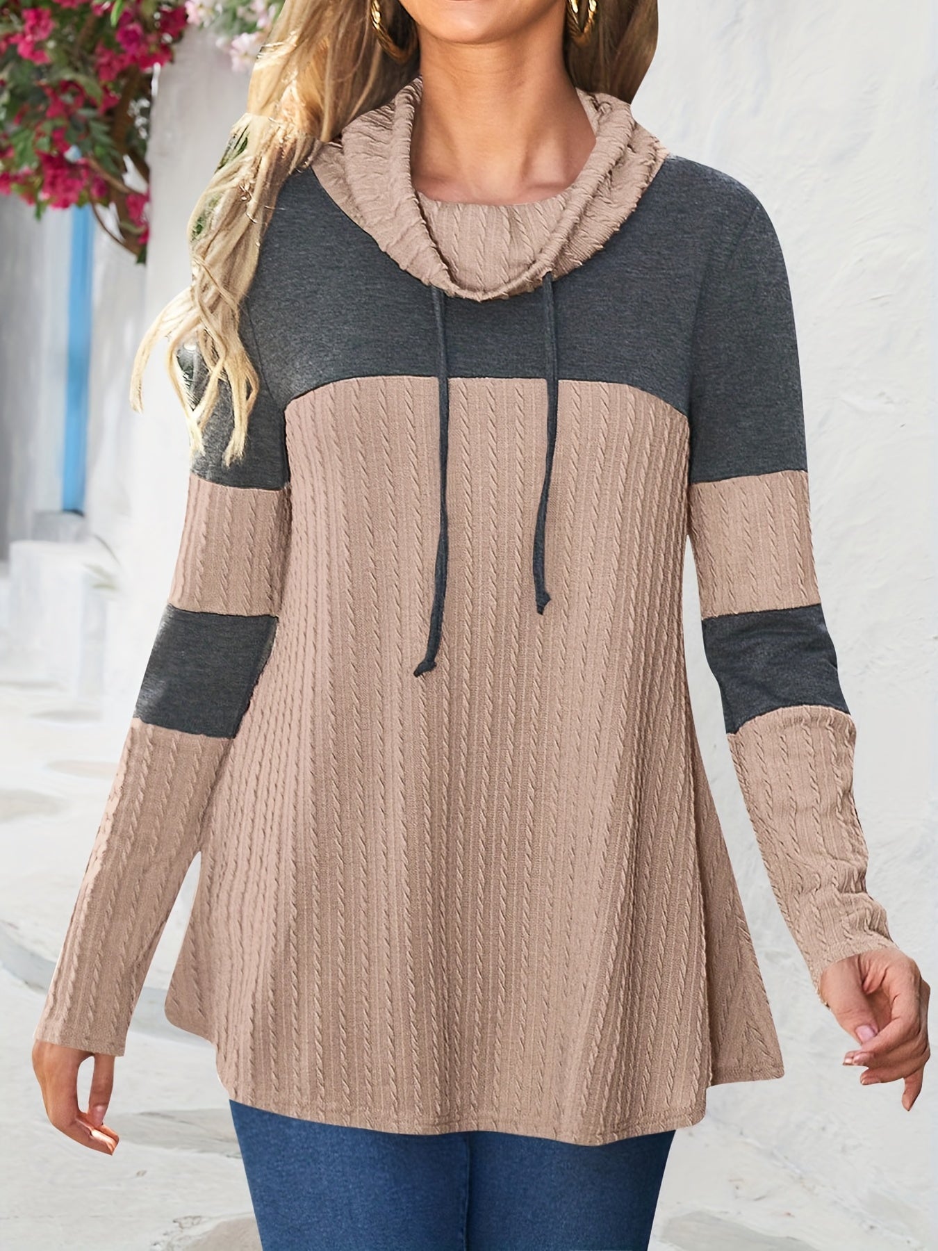 Women's Two Tone Color Drawstring Hooded Shirts, Long Sleeve Loose Textured Casual Pullover Shirt, Women's Fashion Clothing