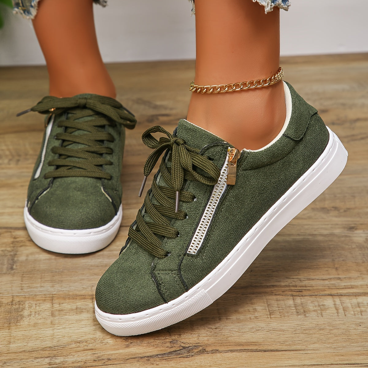 vlovelaw Women's Side Zipper Design Sneakers, Casual Lace Up Outdoor Shoes, Comfortable Low Top Shoes
