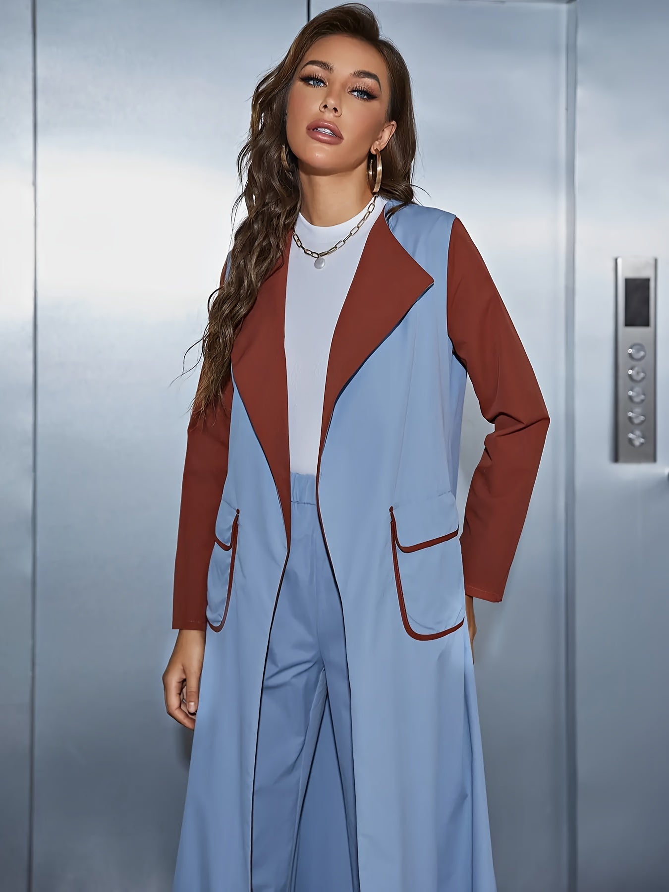 vlovelaw Casual Colorblock Two-piece Set, Collared Long Sleeve Coat & Wide Leg Pants Outfits, Women's Clothing