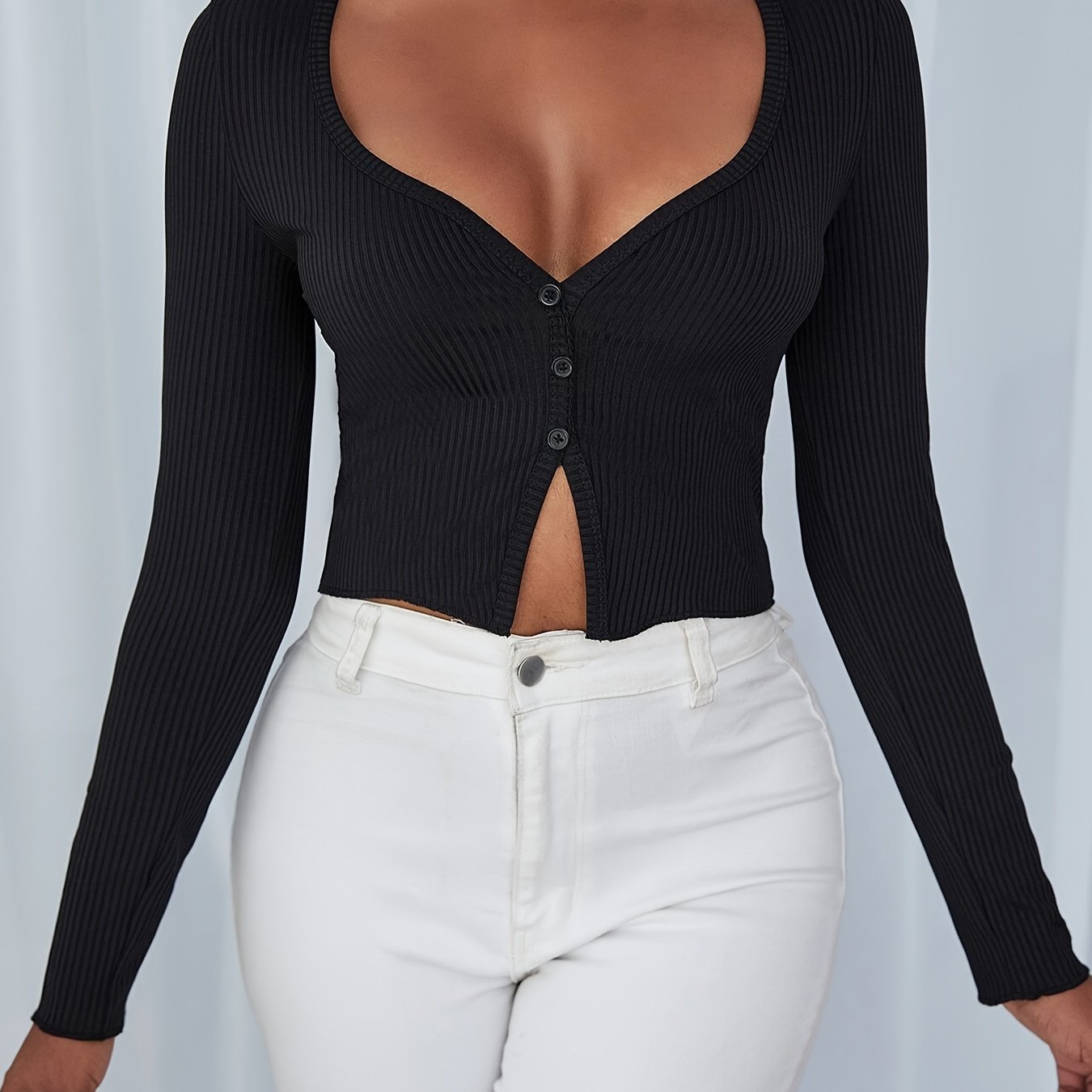 vlovelaw Solid Rib-knit Button Up T-shirt, Casual Long Sleeve Top For Spring & Fall, Women's Clothing