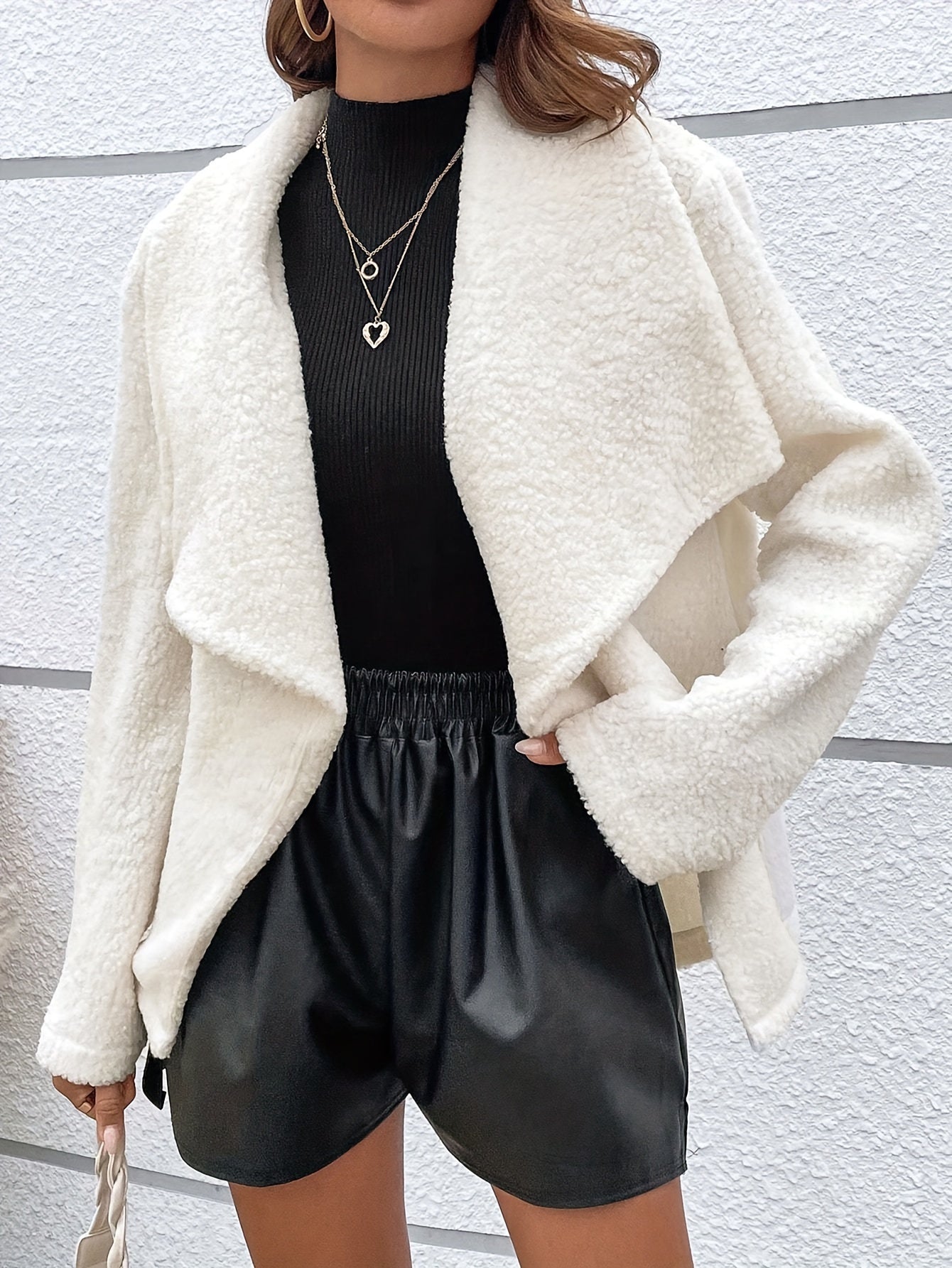 vlovelaw Fuzzy Waterfall Collar Coat, Casual Open Front Long Sleeve Warm Outerwear, Women's Clothing