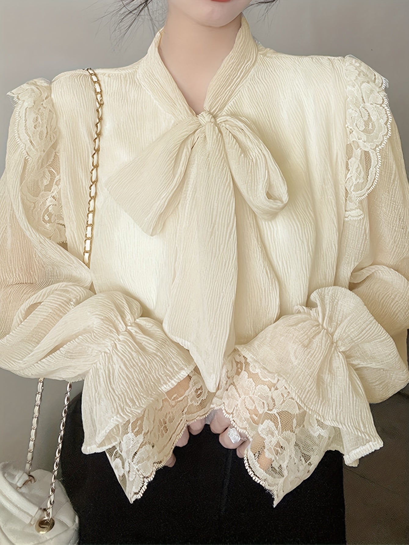 vlovelaw Solid Contrast Lace Blouse, Elegant Tie Neck Long Sleeve Blouse, Women's Clothing