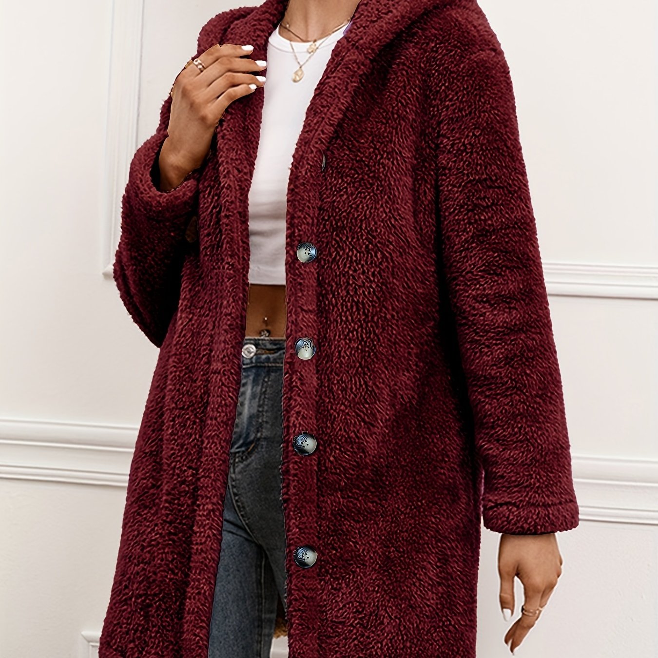 vlovelaw Fuzzy Button Front Hooded Coat, Casual Solid Long Sleeve Warm Outerwear, Women's Clothing